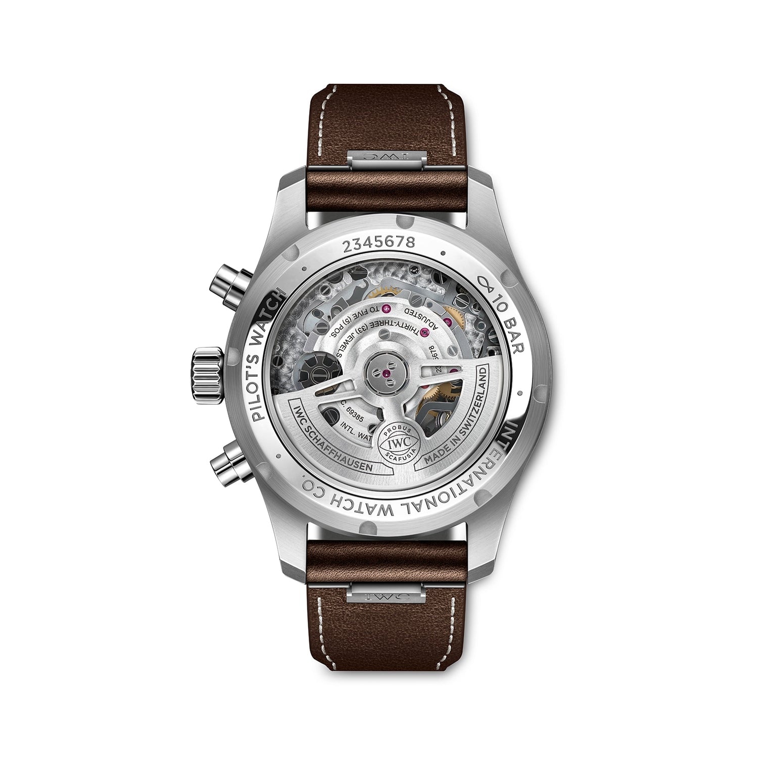 Back view of the IWC Schaffhausen Pilots Watch Chronograph 41 featuring an ergonomic stainless steel case, transparent case back showcasing the mechanical movement, three side buttons, and a brown leather strap.