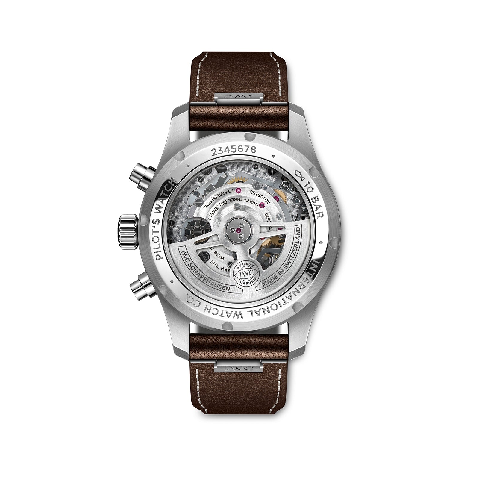Back view of the IWC Schaffhausen Pilots Watch Chronograph 41 featuring an ergonomic stainless steel case, transparent case back showcasing the mechanical movement, three side buttons, and a brown leather strap.
