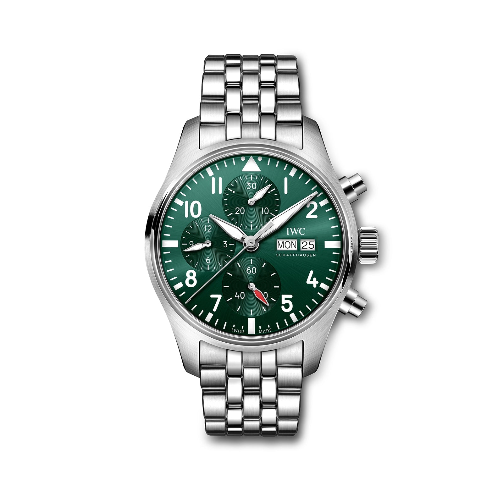 The IWC Schaffhausen Pilots Watch Chronograph 41 features a stainless steel case, racing green dial with three subdials, day and date display, and metal link bracelet, shown against a white background.