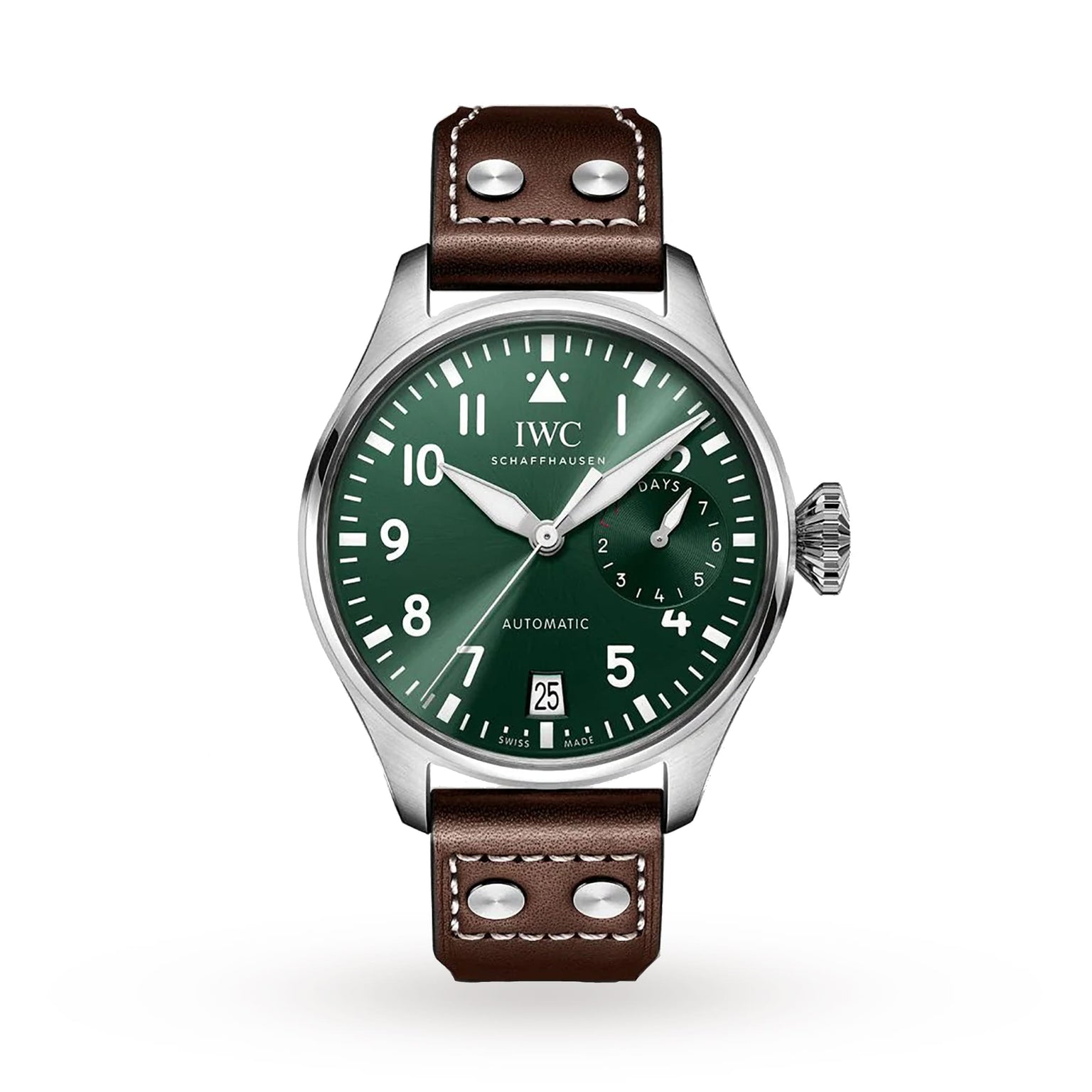 The IWC Schaffhausen Big Pilots Watch features a stainless steel case, green dial with white numerals, date display, and a brown leather strap with two rivets near the lugs, along with an impressive 7-day power reserve.