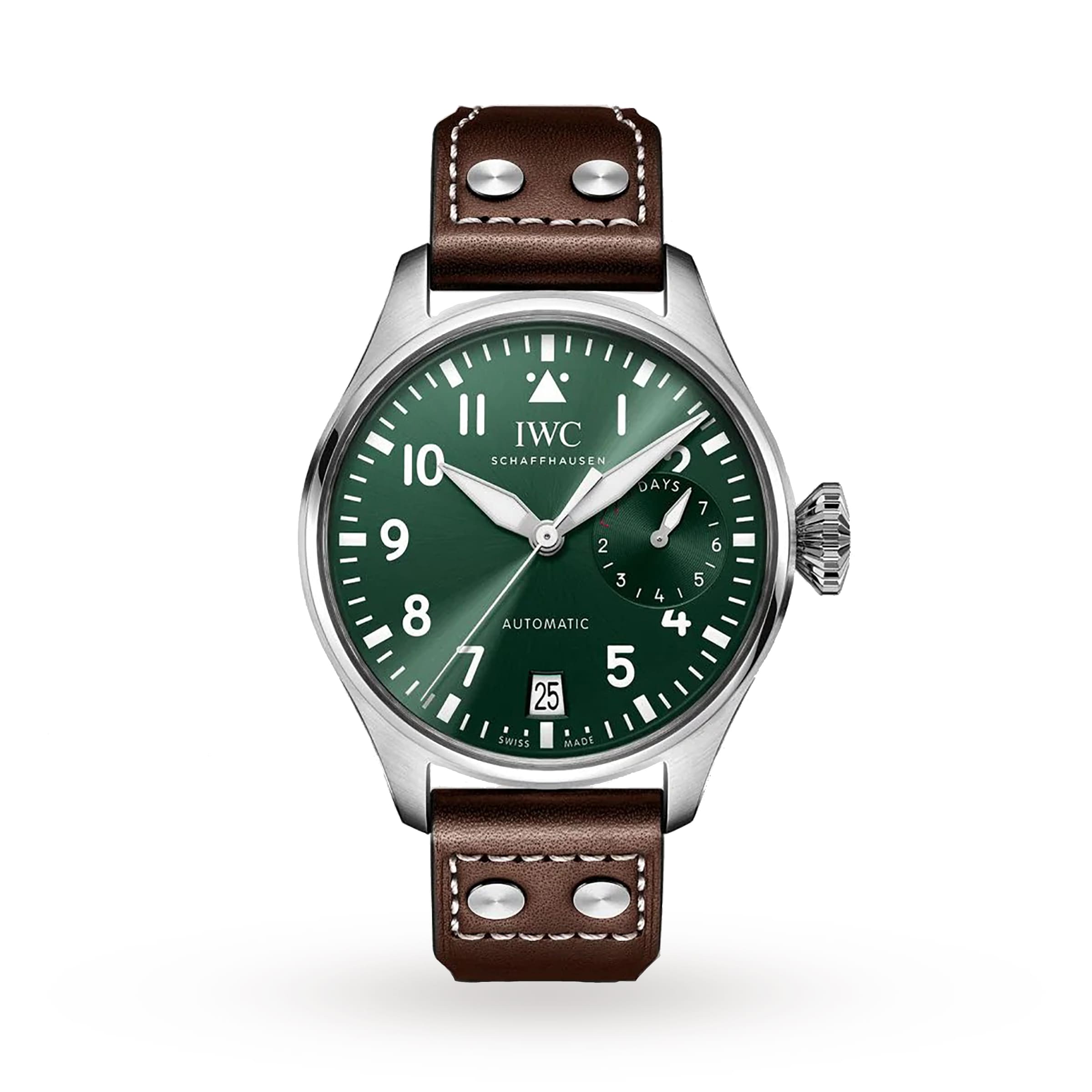The IWC Schaffhausen Big Pilots Watch features a stainless steel case, green dial with white numerals, date display, and a brown leather strap with two rivets near the lugs, along with an impressive 7-day power reserve.