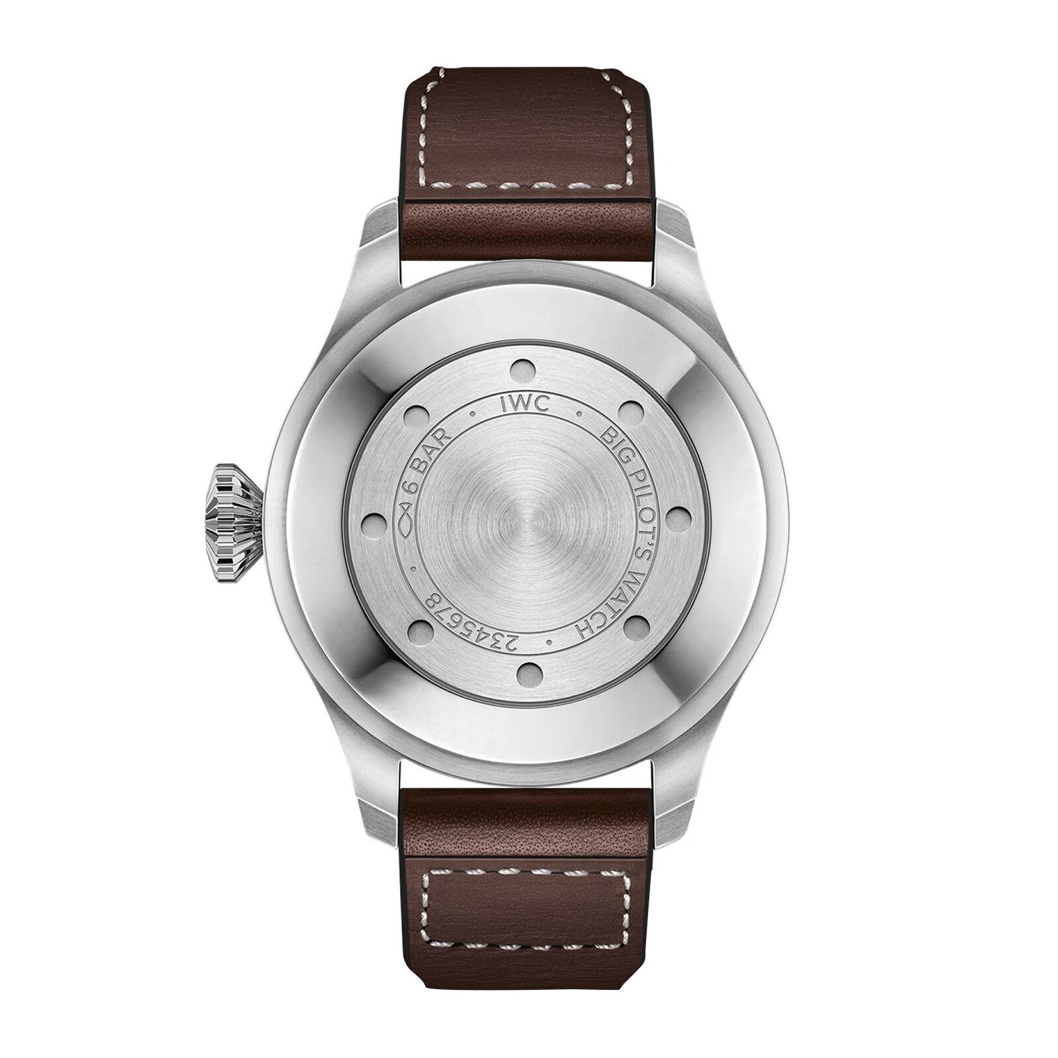 Back view of an IWC Schaffhausen Big Pilots Watch in silver, featuring a brown leather strap and an engraved case back highlighting specifications, brand markings, and its notable 7-day power reserve.