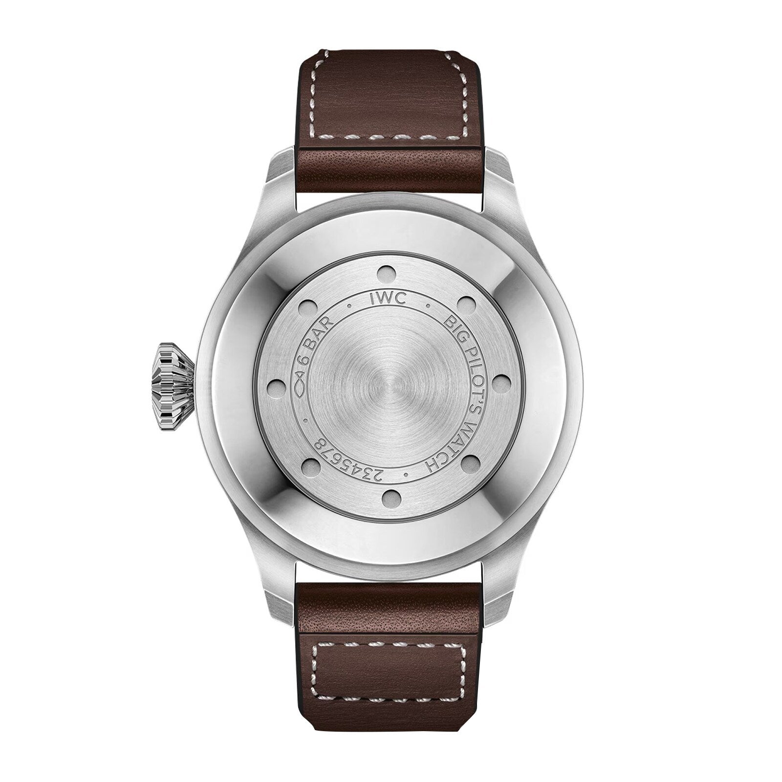 Back view of an IWC Schaffhausen Big Pilots Watch in silver, featuring a brown leather strap and an engraved case back highlighting specifications, brand markings, and its notable 7-day power reserve.