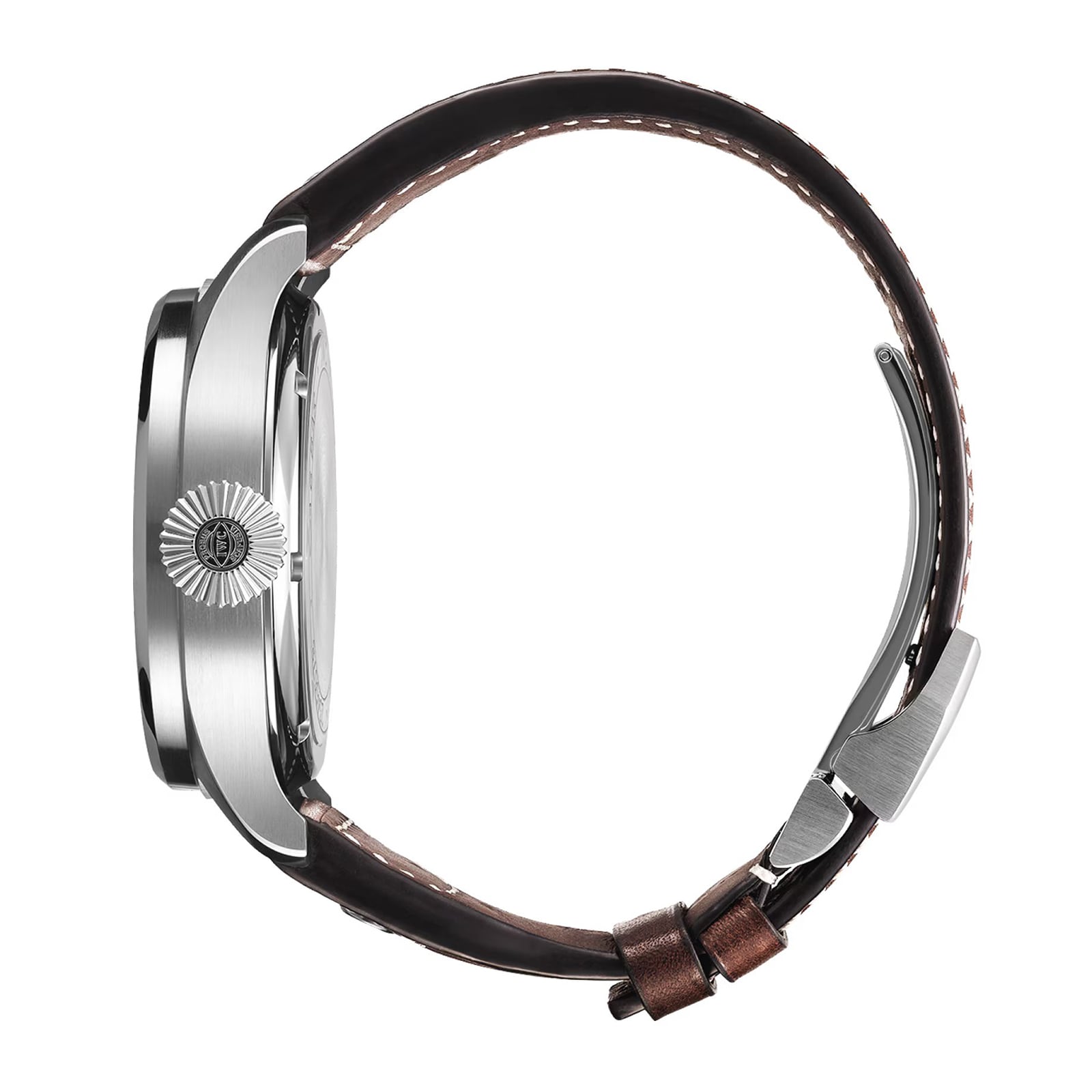 Side view of the IWC Schaffhausen Big Pilots Watch featuring a silver case, textured crown, and brown leather strap with white stitching and metal buckle, highlighting its 7-day power reserve against a white background.