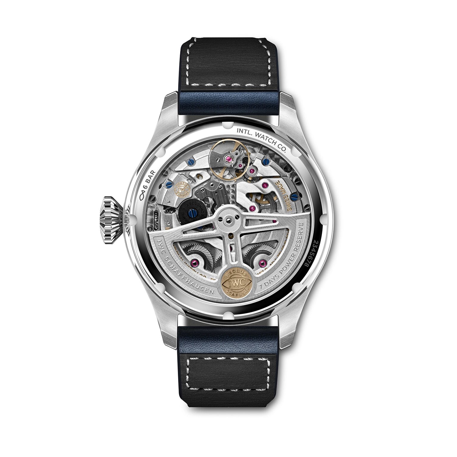 Back view of the IWC Schaffhausen Big Pilots Watch Perpetual Calendar, showcasing its visible mechanical movement, silver case, sapphire crystal, and black leather strap with white stitching.