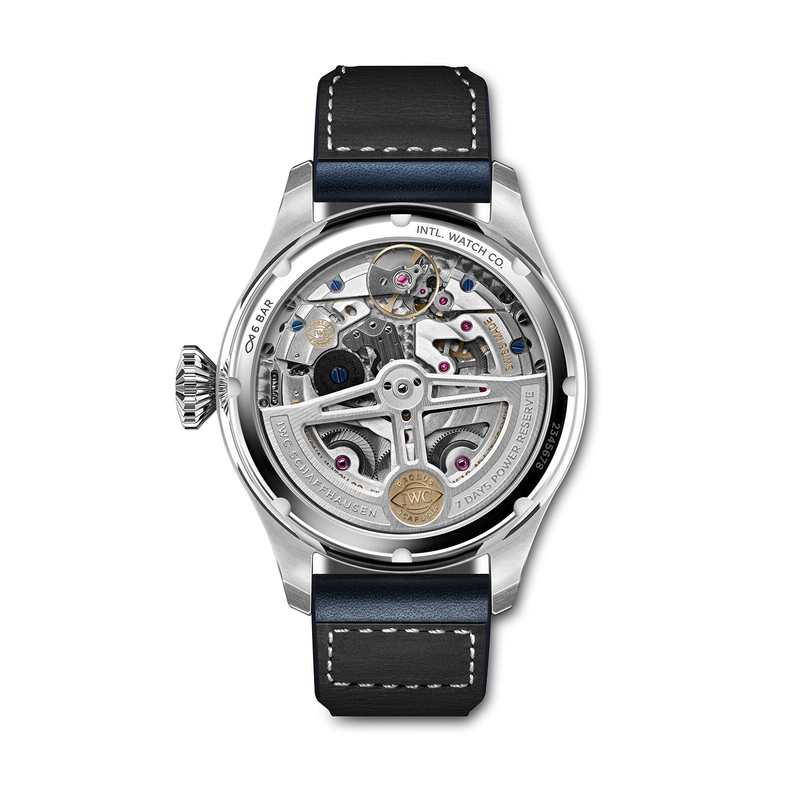 Back view of the IWC Schaffhausen Big Pilots Watch Perpetual Calendar, showcasing its visible mechanical movement, silver case, sapphire crystal, and black leather strap with white stitching.