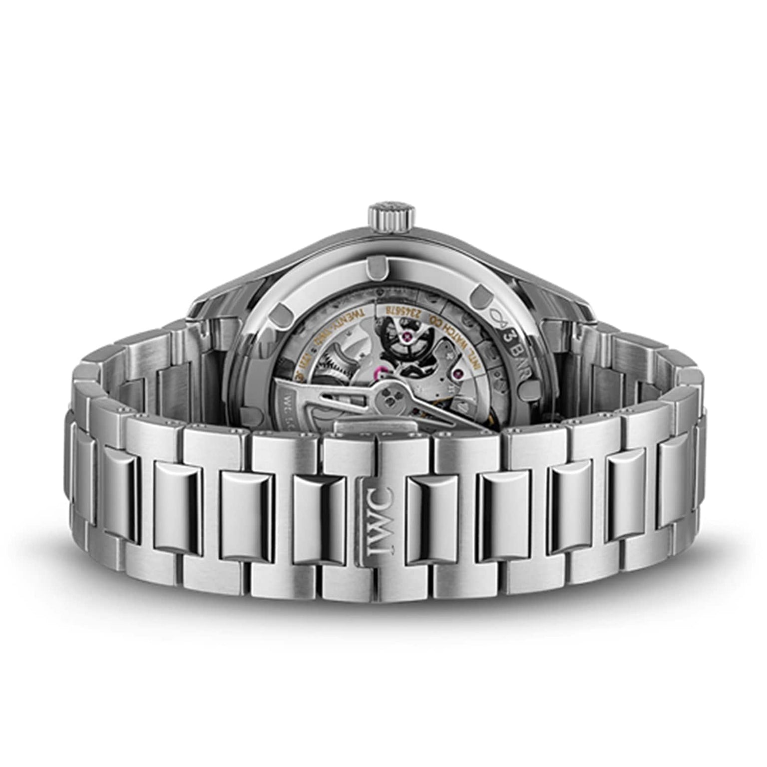 The IWC Schaffhausen Portugieser Automatic 40 is a stainless steel wristwatch with an exhibition case back showing its mechanical movement and an IWC-engraved clasp.