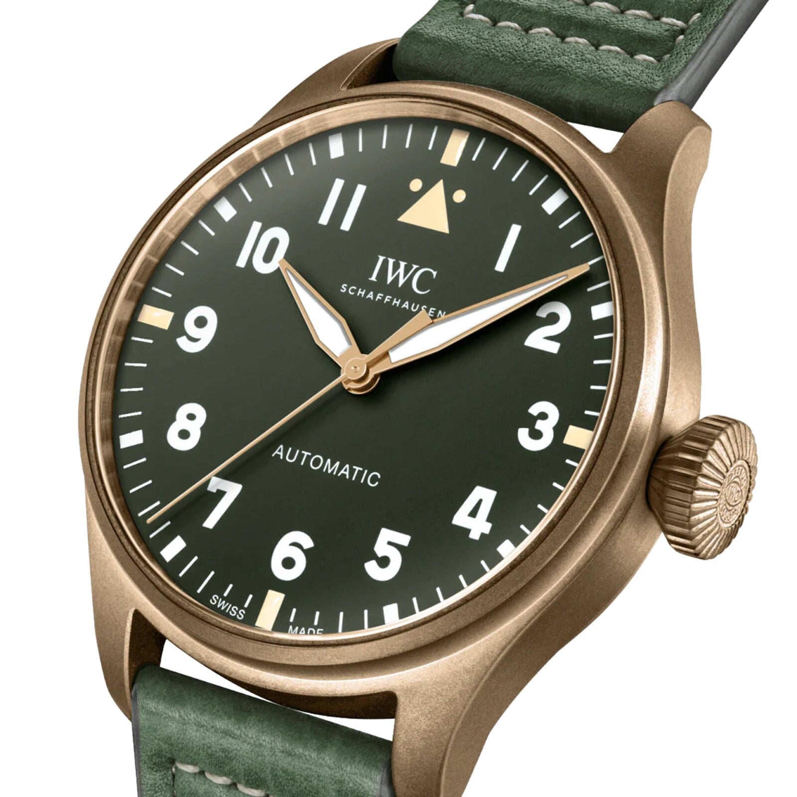 The IWC Schaffhausen Big Pilots Watch 43 Spitfire features a bronze case, green dial with white numerals, and a green leather strap with the EasX-CHANGE system, shown at 10:09.