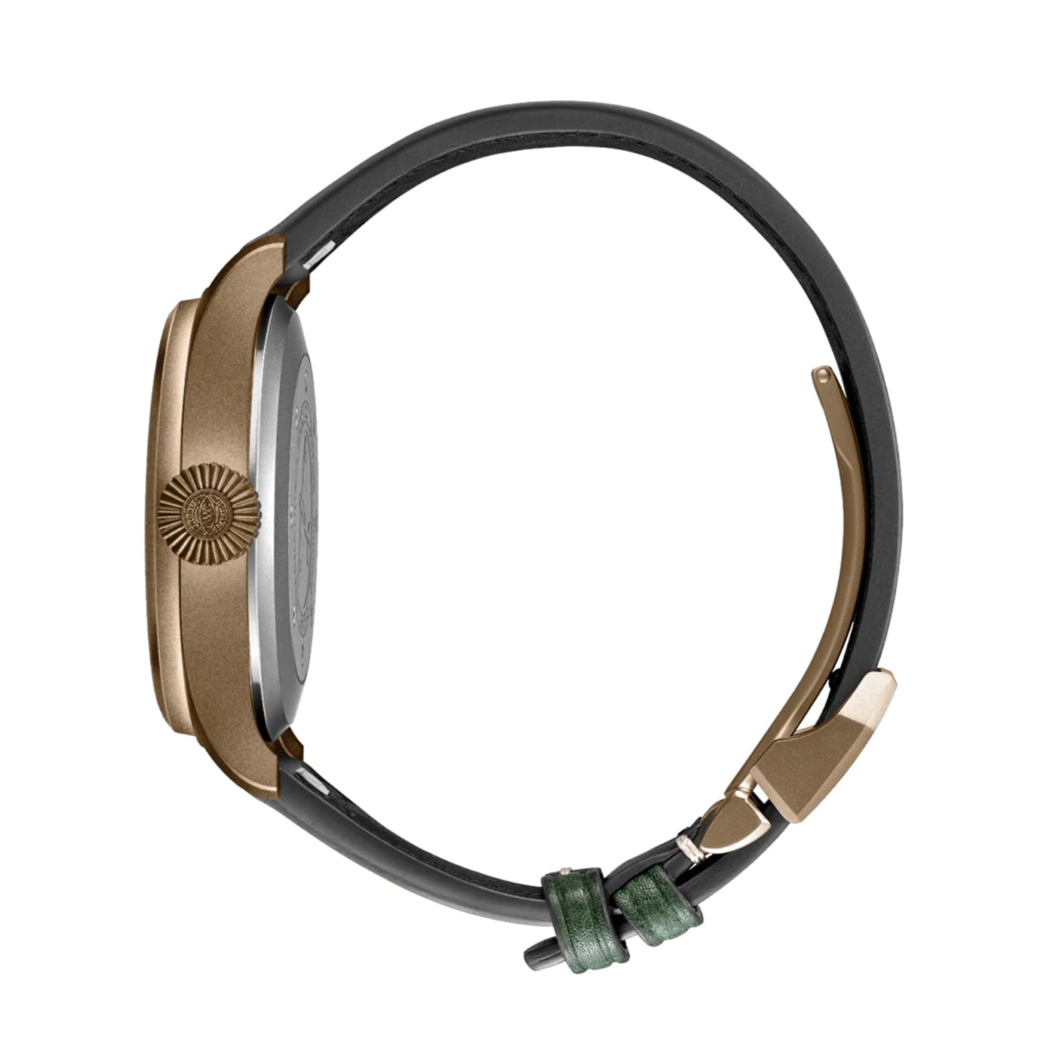Side view of the IWC Schaffhausen Big Pilots Watch 43 Spitfire, featuring a bronze case, black strap, and green loop on a white background.