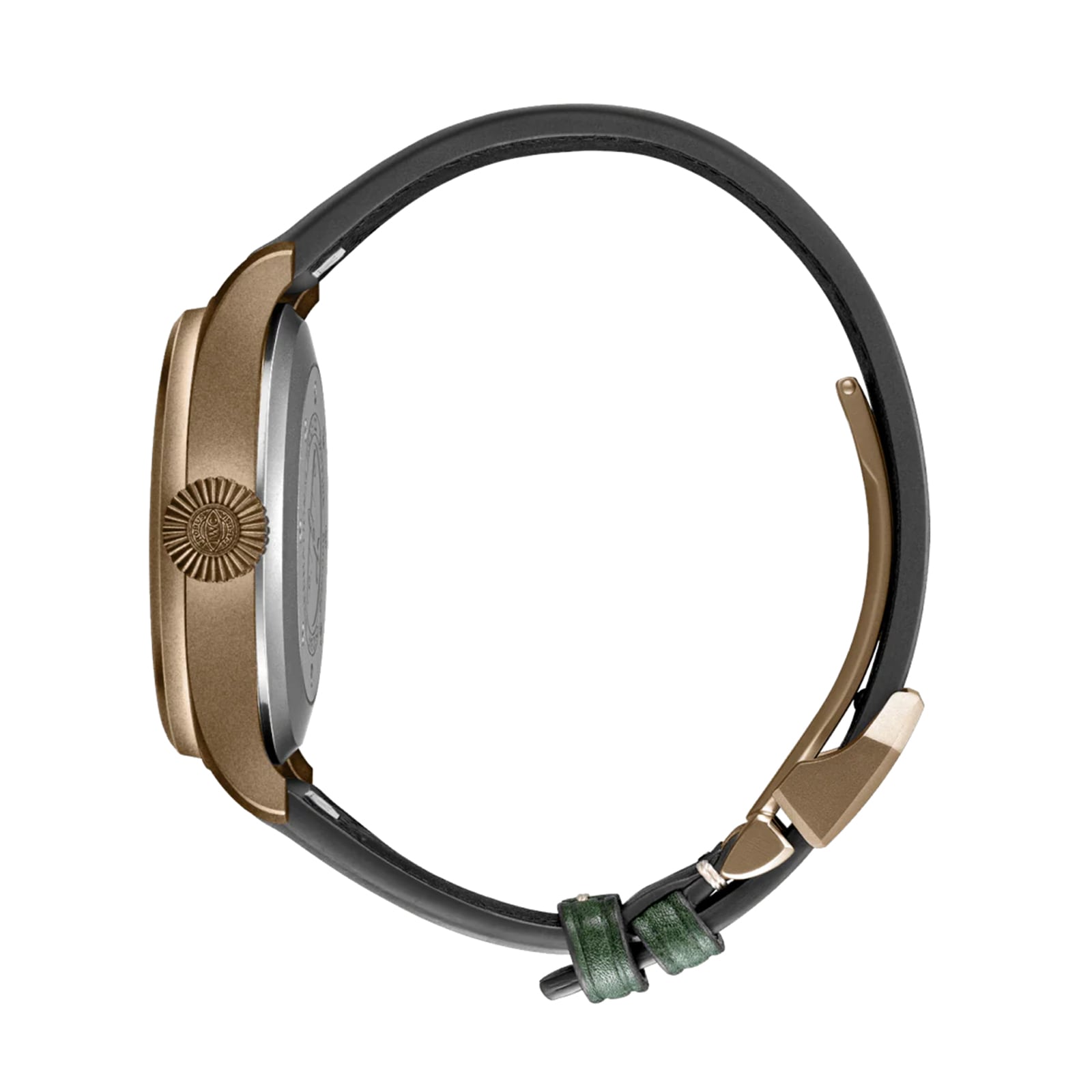 Side view of the IWC Schaffhausen Big Pilots Watch 43 Spitfire, featuring a bronze case, black strap, and green loop on a white background.