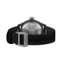 Back view of the IWC Schaffhausen Big Pilots Watch 43 Top Gun with a black fabric strap, silver IWC-engraved buckle, and visible case back markings.