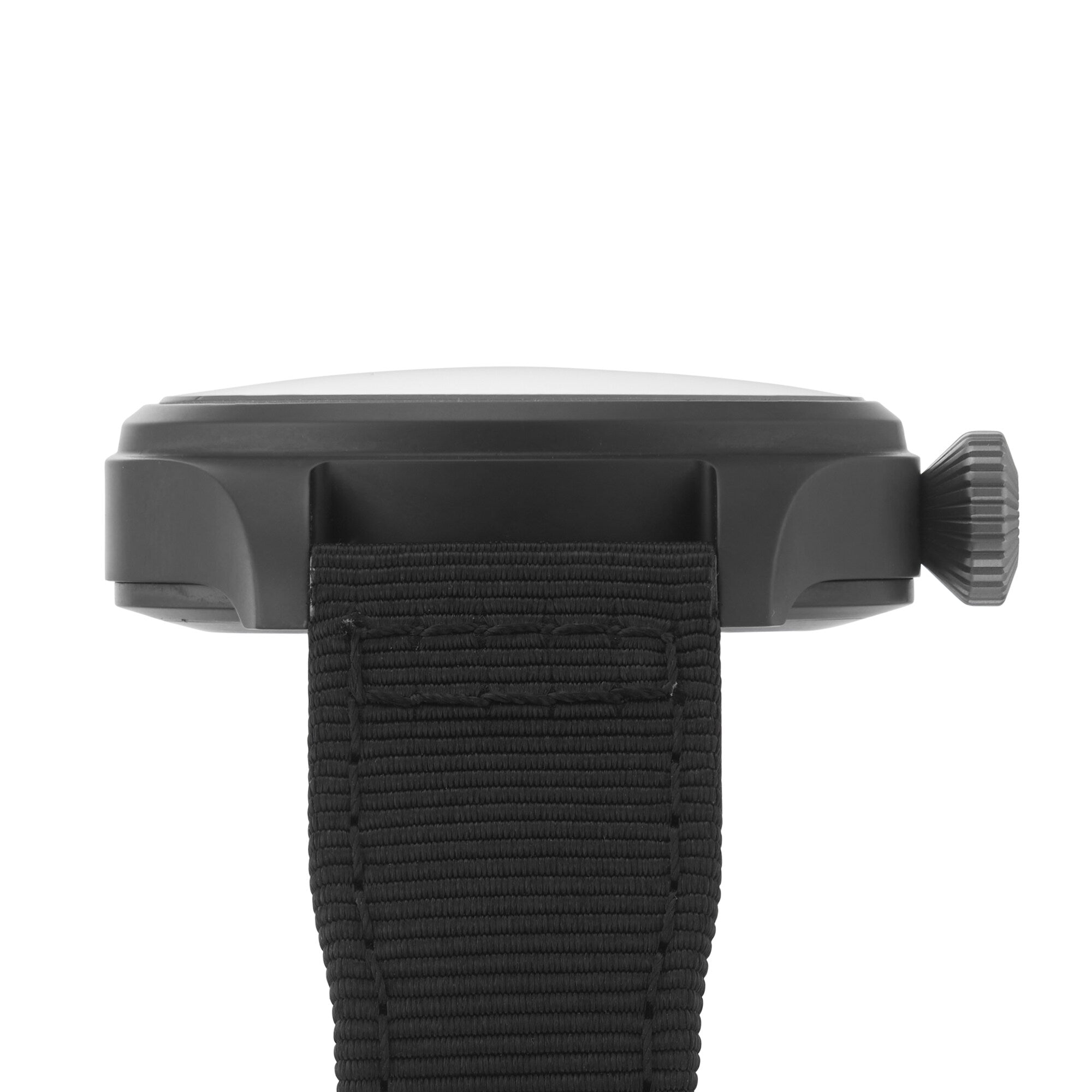 Side view of the IWC Schaffhausen Big Pilots Watch 43 Top Gun with a textured crown, black fabric strap, and a sleek black zirconium oxide ceramic case, set against a white background.