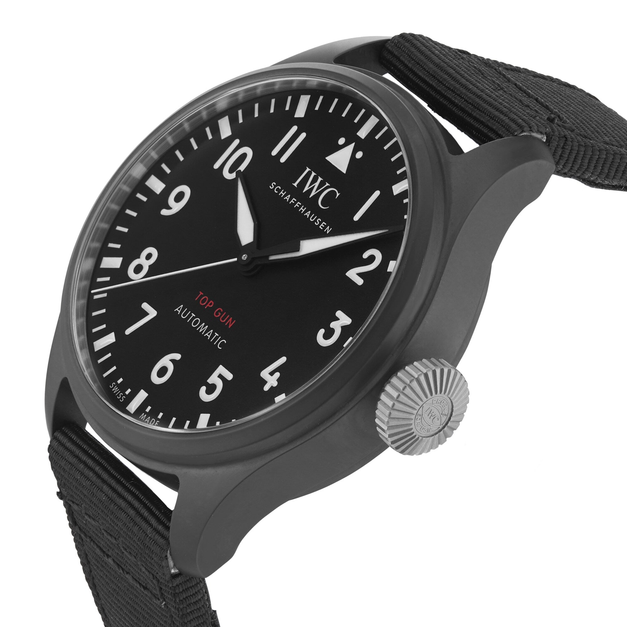 The IWC Schaffhausen Big Pilots Watch 43 Top Gun features a black zirconium oxide ceramic case, black fabric strap, white numerals, and a prominent textured crown, with Top Gun Automatic on the dial.