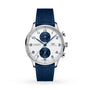 An IWC Schaffhausen Portugieser Chronograph wristwatch with a white dial, blue hour markers, two blue subdials, automatic movement, and a textured blue rubber strap is displayed against a plain white background.