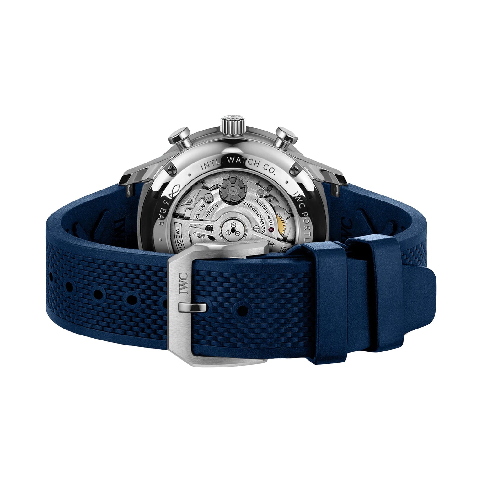 Back view of the IWC Schaffhausen Portugieser Chronograph, featuring a stainless steel case, visible automatic movement, and a textured blue rubber strap with a silver buckle.
