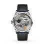 Close-up of the IWC Schaffhausen Portugieser Automatic’s back, showcasing its 52010 calibre movement with visible gears and intricate parts, paired with an elegant black alligator leather strap.