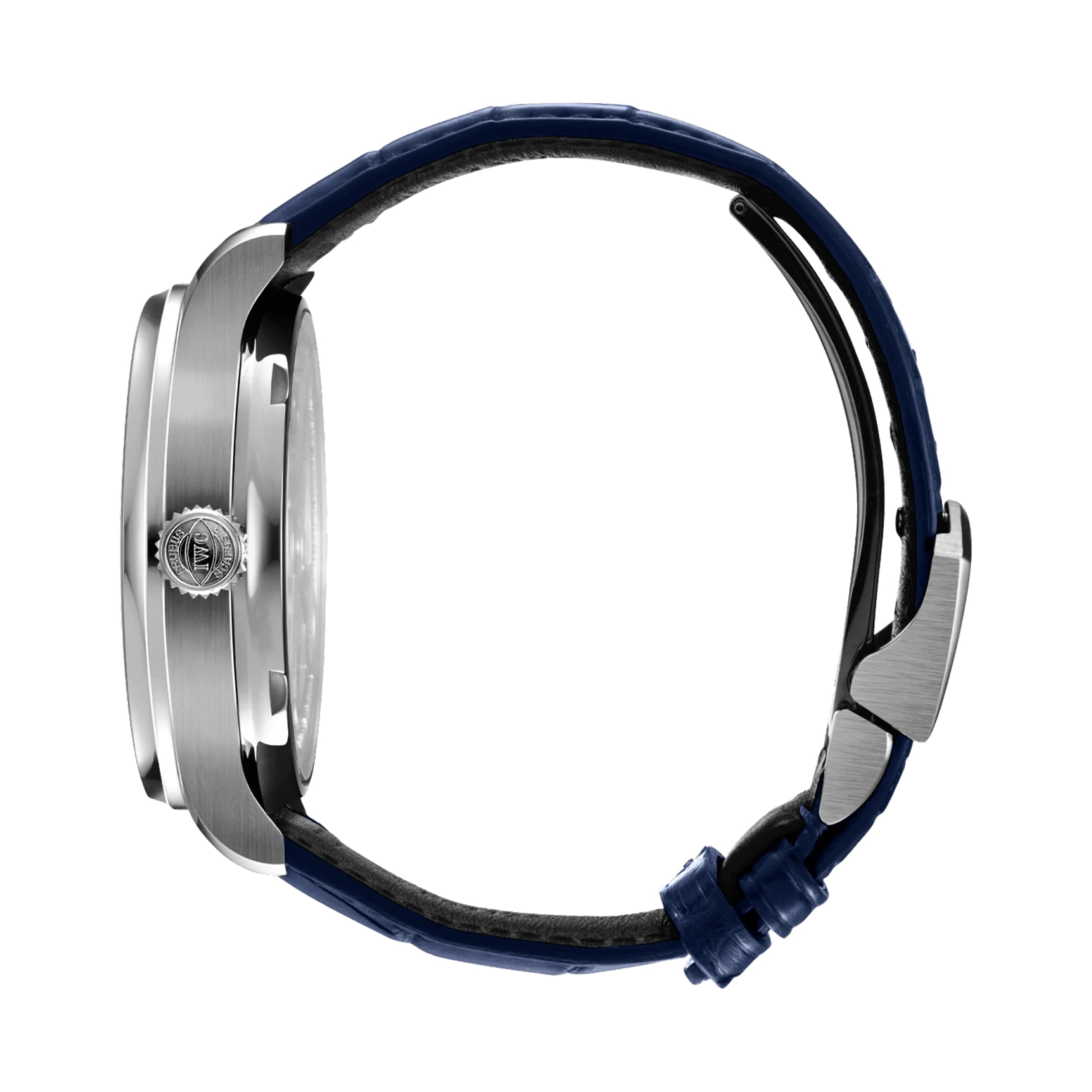 Side view of the silver IWC Schaffhausen Portugieser Automatic, featuring a blue alligator leather strap, round crown, and clasp detail that highlights the watch’s case thickness.