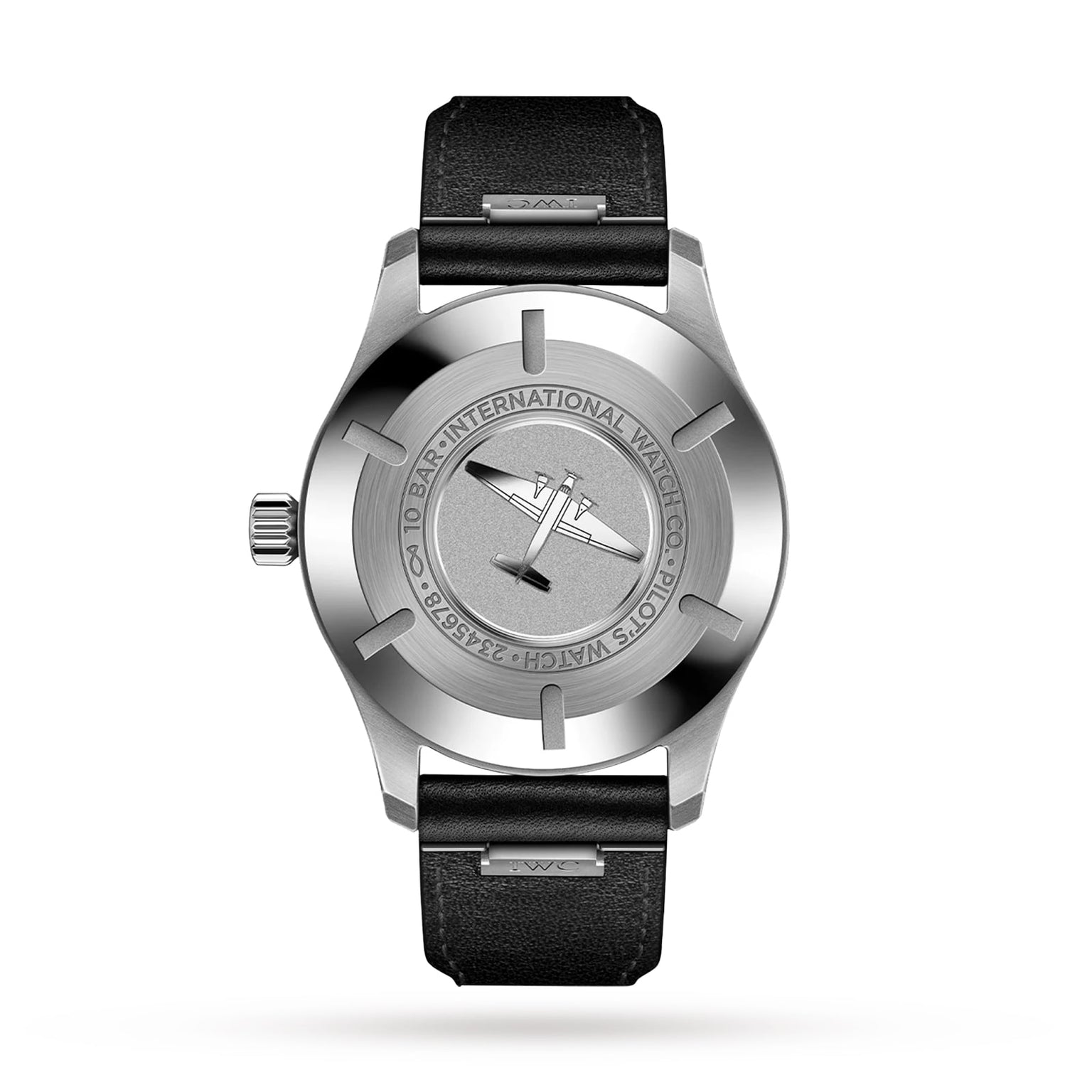 The IWC Schaffhausen Pilots Watch Mark XX features a stainless steel case, black leather strap, and an engraved airplane with INTERNATIONAL WATCH CO. on the case back.