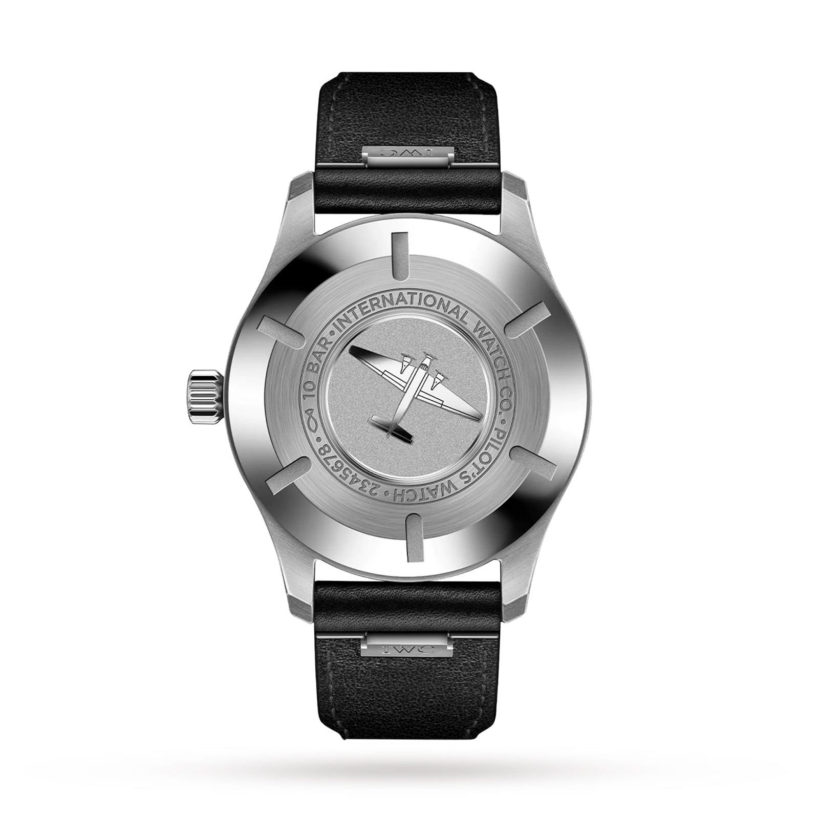 The IWC Schaffhausen Pilots Watch Mark XX features a stainless steel case, black leather strap, and an engraved airplane with INTERNATIONAL WATCH CO. on the case back.