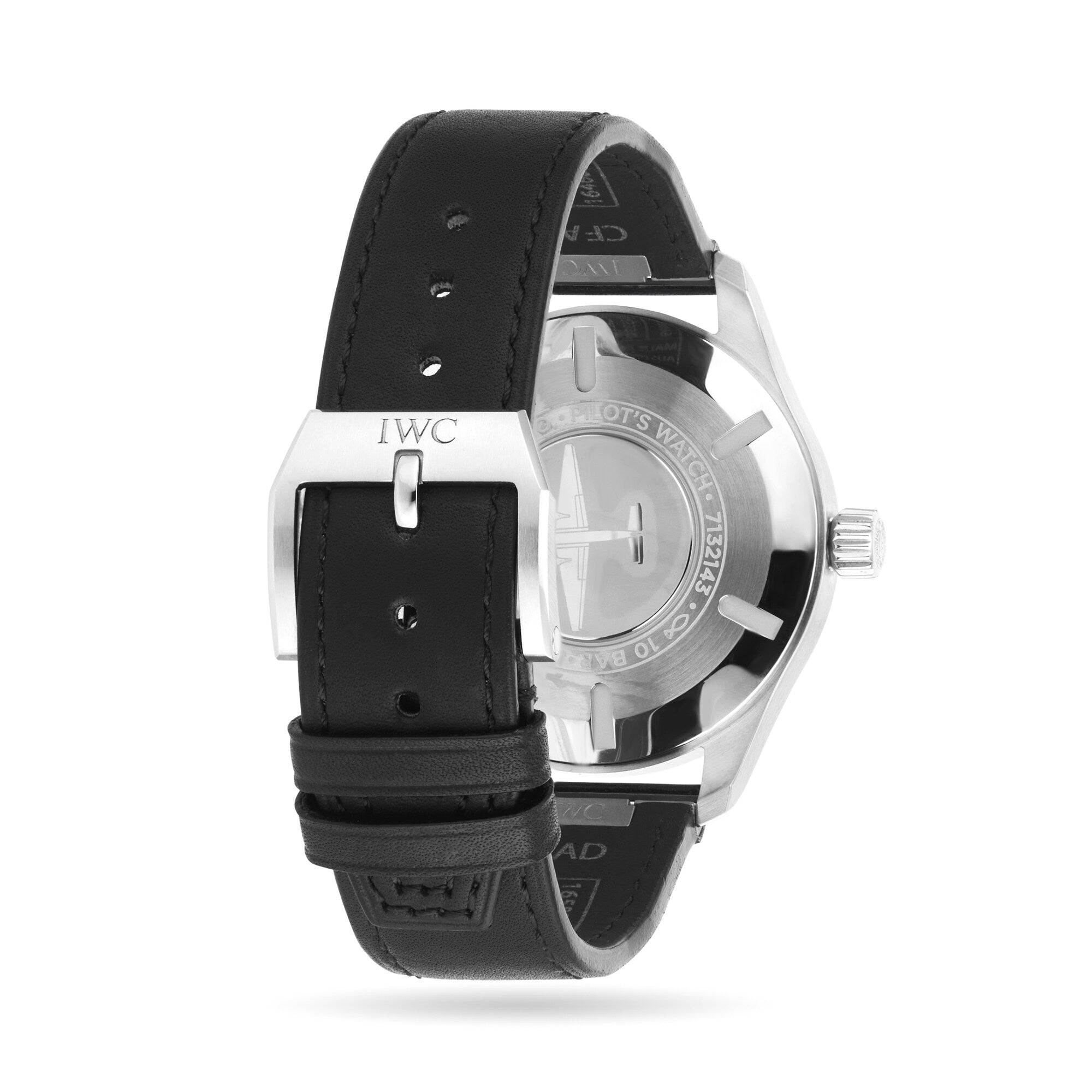 Back view of the IWC Schaffhausen Pilots Watch Mark XX featuring a black leather strap, silver IWC-engraved clasp, and stainless steel case displaying its automatic movement.