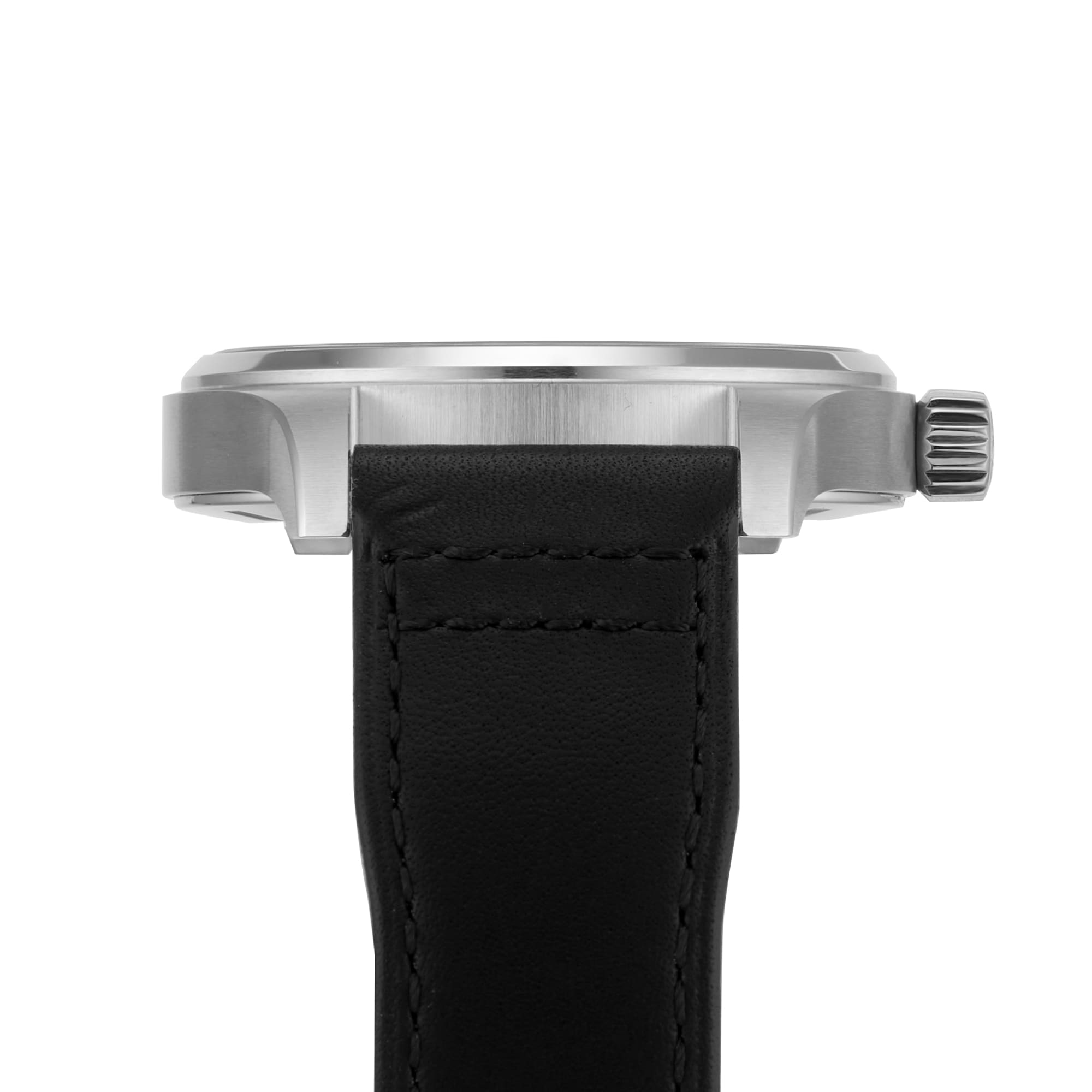 Side view of the IWC Schaffhausen Pilot’s Watch Mark XX with a stainless steel case, textured crown, and stitched black leather strap.