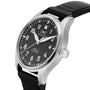 The IWC Schaffhausen Pilots Watch Mark XX features a stainless steel case, black dial with white numerals, date window at 3 oclock, and a black leather strap, shown angled on a white background.