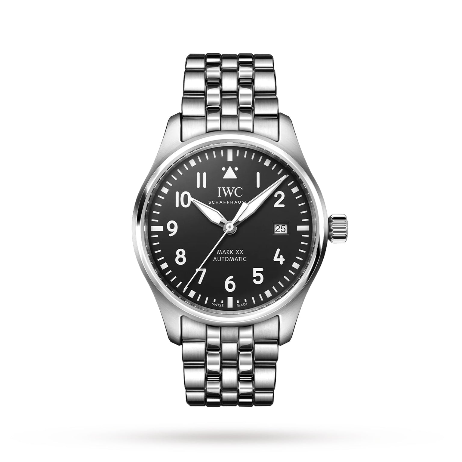 The IWC Schaffhausen Pilots Watch Mark XX features a stainless steel case, black dial with white numerals, date display, and a silver metal link bracelet, exemplifying classic tool watch design on a white background.