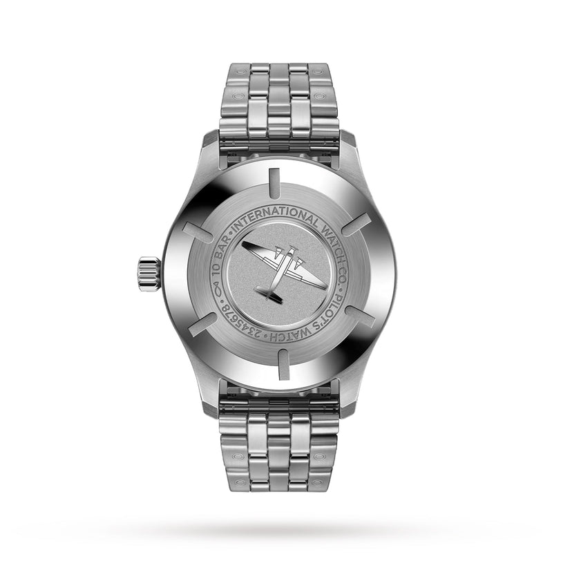 IWC Schaffhausen Pilots Watch Mark XX featuring a minimalist design and metal link band, displayed on a white background.