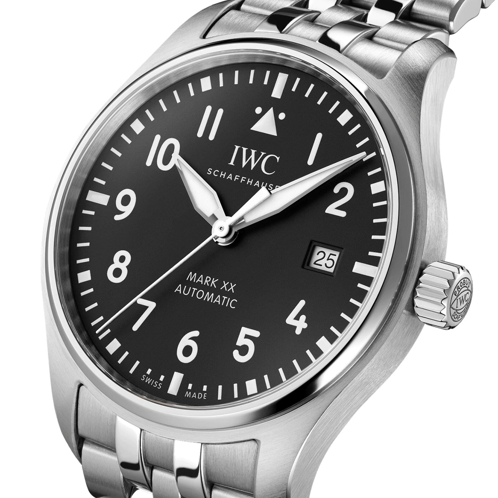 The IWC Schaffhausen Pilots Watch Mark XX is an automatic stainless steel wristwatch with a black dial, white numerals, date display, and a metal link bracelet inspired by classic pilot’s watch design.