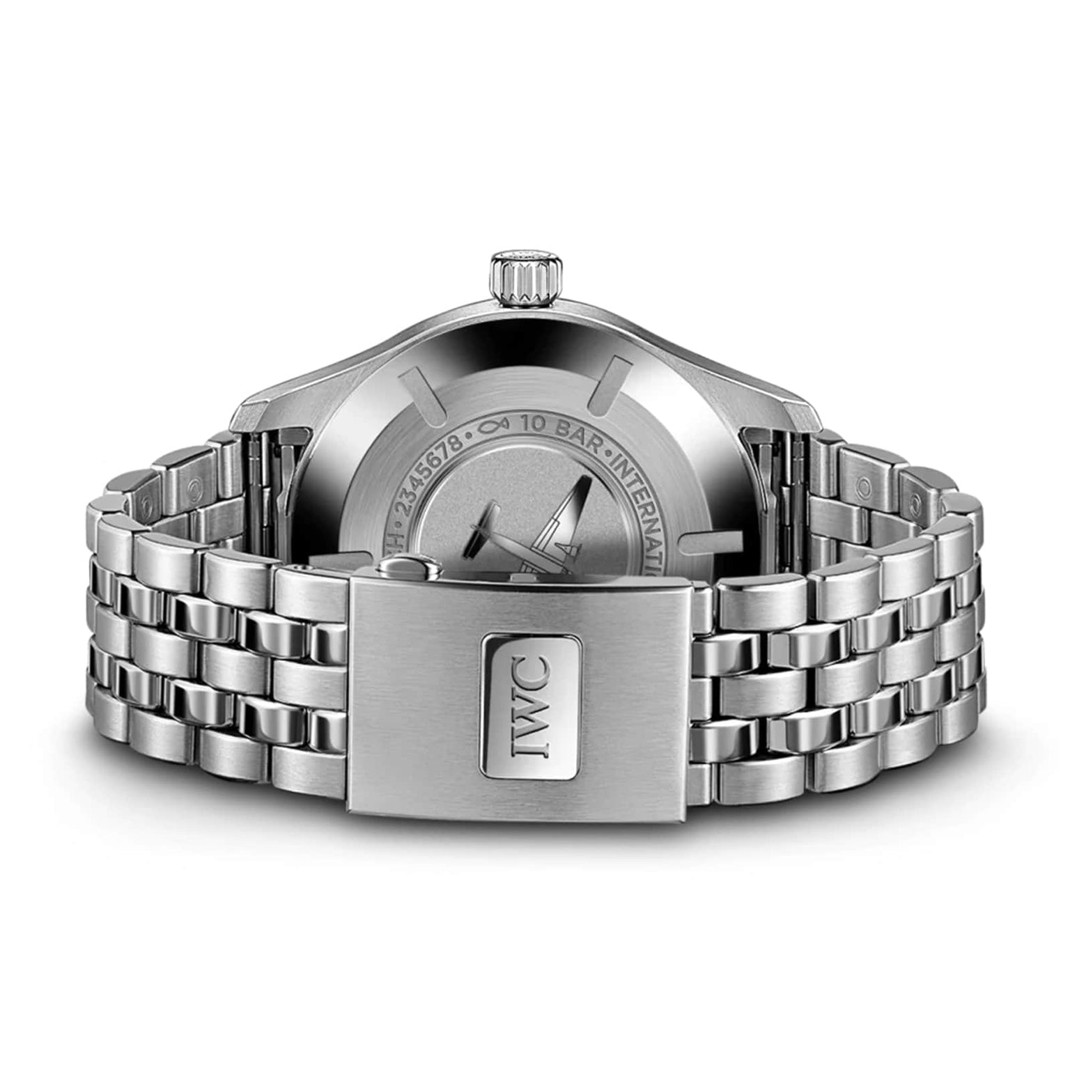 Back view of the IWC Schaffhausen Pilots Watch Mark XX, showcasing its stainless steel case, metal link bracelet with IWC logo on the clasp, and engraved details—classic elements of a signature pilot’s tool watch.