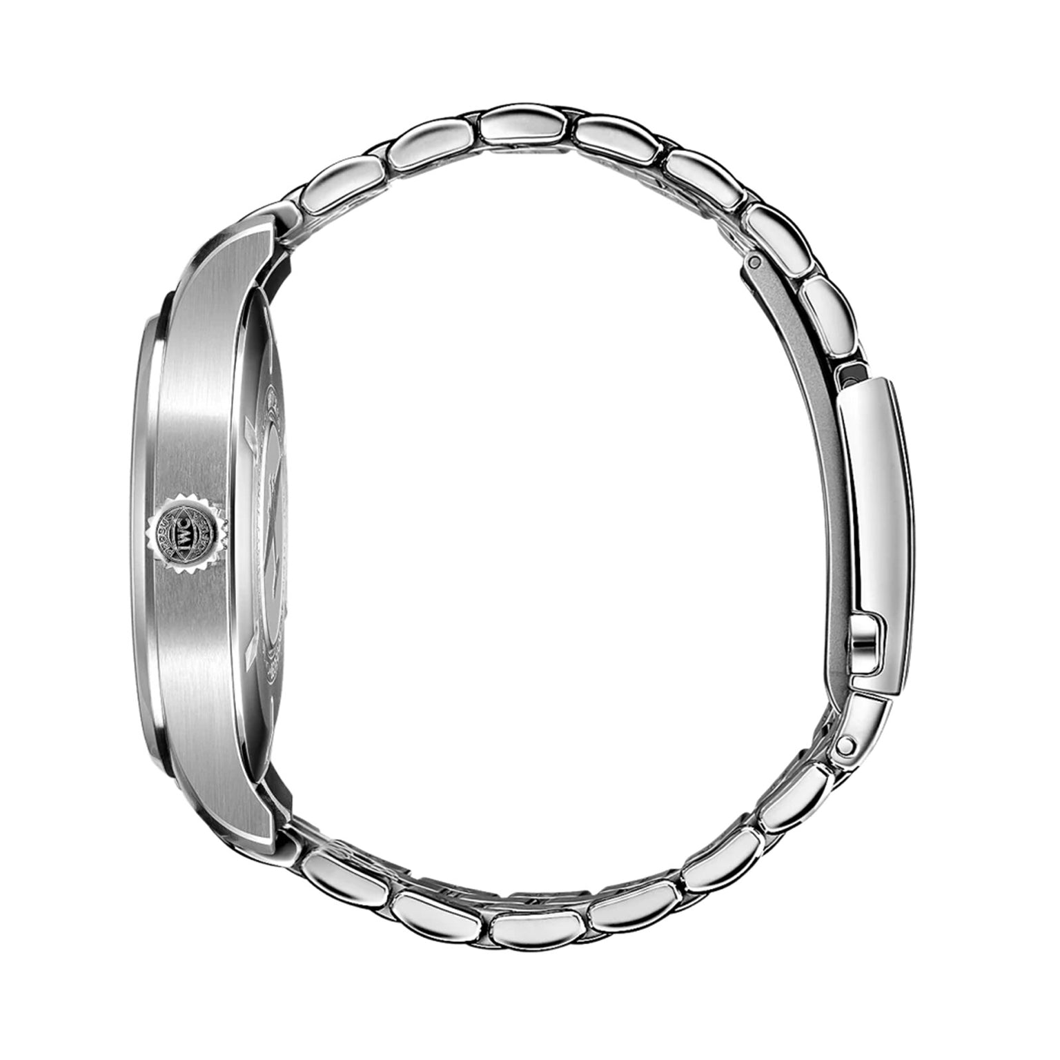 Side view of the IWC Schaffhausen Pilots Watch Mark XX in silver metal with a linked bracelet and visible crown, highlighting its classic tool watch design against a white background.