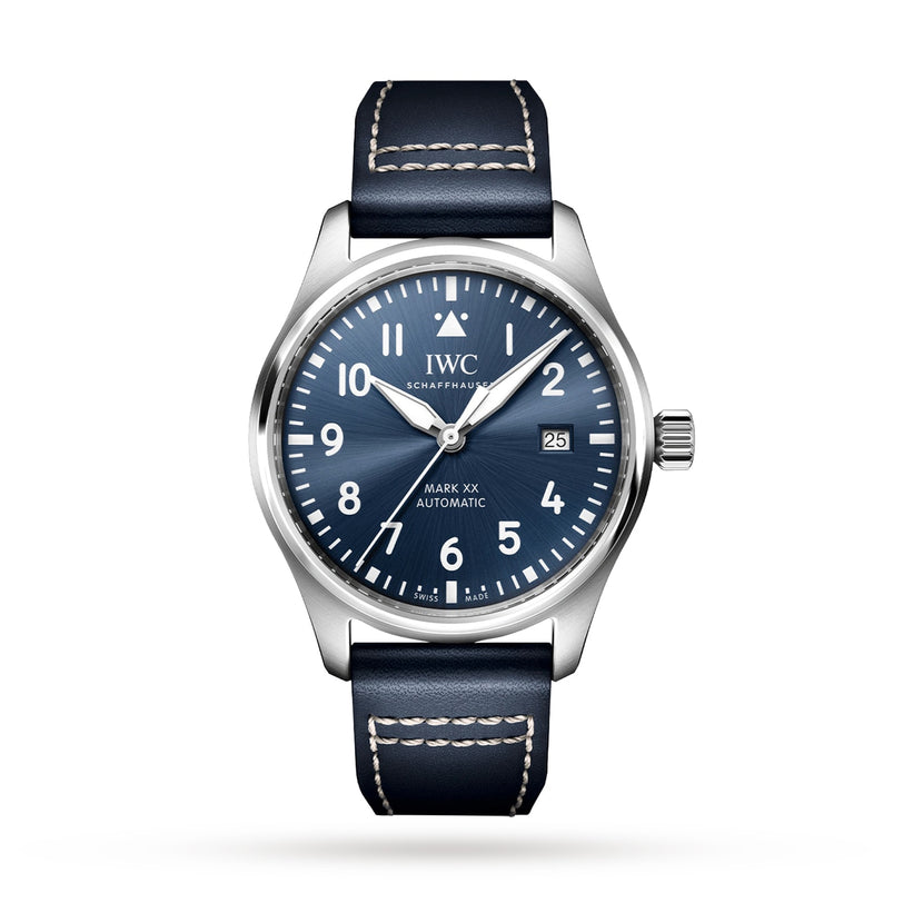 The IWC Schaffhausen Pilots Watch Mark XX features a stainless steel case, blue dial with white numerals, date display, automatic movement, and is paired with a blue leather strap with white stitching against a plain white background.