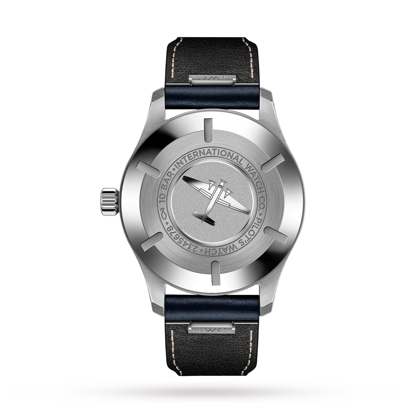 The IWC Schaffhausen Pilots Watch Mark XX features a black leather strap, stainless steel case, plain gray back, and an aviation-themed engraving on the caseback.