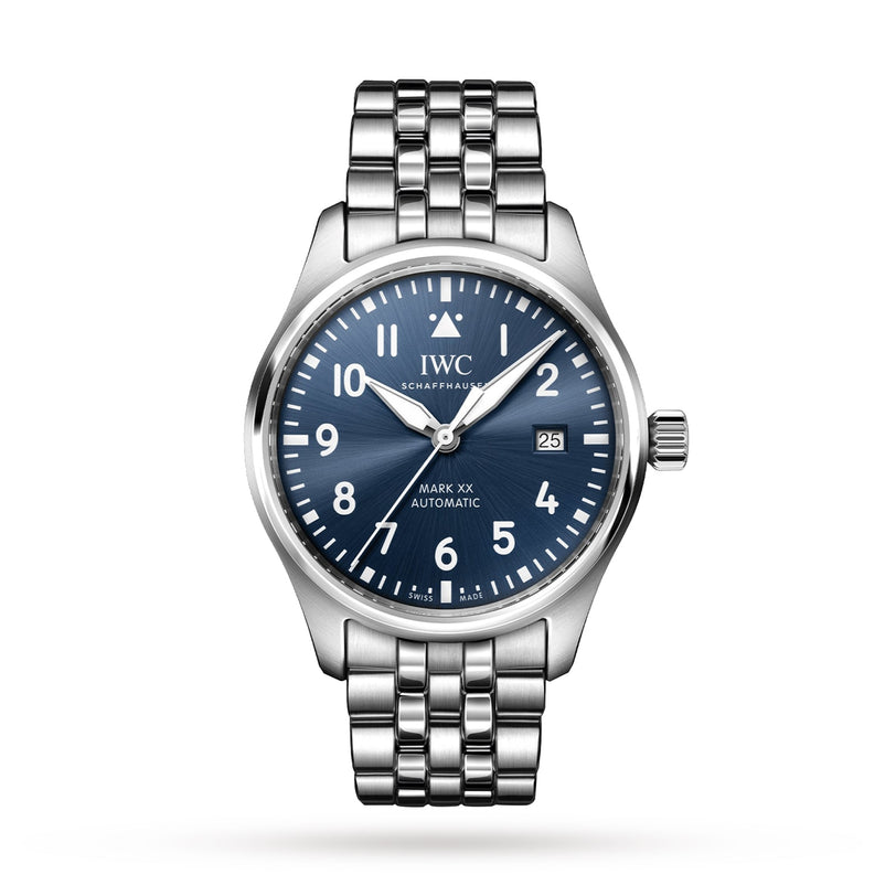 The IWC Schaffhausen Pilots Watch Mark XX is a stainless steel wristwatch with a blue dial, white Arabic numerals, a date window at 3 o’clock, and a metal link bracelet—an iconic aviation timepiece.