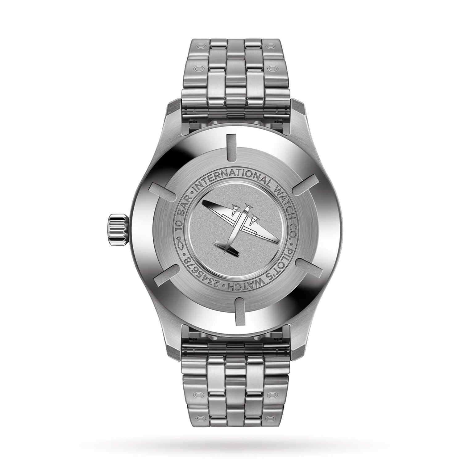 The IWC Schaffhausen Pilots Watch Mark XX, seen from the back, features an engraved stainless steel case with inscription along the edge and a metal bracelet—capturing the timeless essence of classic aviation timepieces.