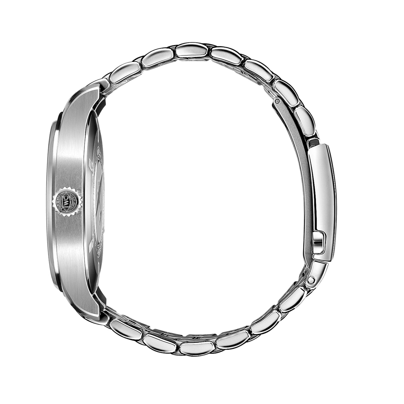 Side view of a silver metal IWC Schaffhausen Pilots Watch Mark XX with linked bracelet, highlighting the crown and clasp against a white background—an elegant aviation timepiece for collectors.