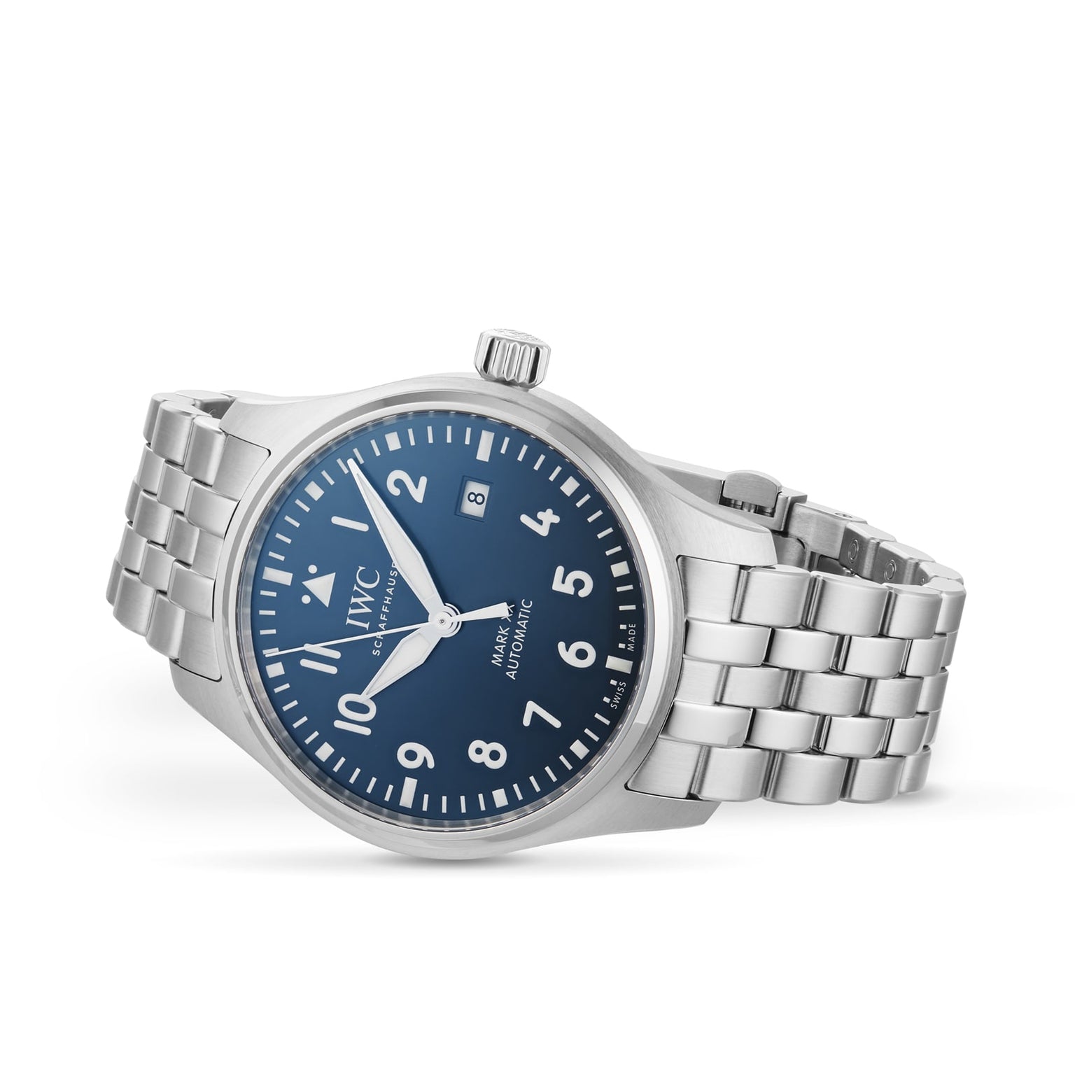 The IWC Schaffhausen Pilots Watch Mark XX features a silver case, blue dial with white numerals, date display, and a metal link band, all set against a white background.