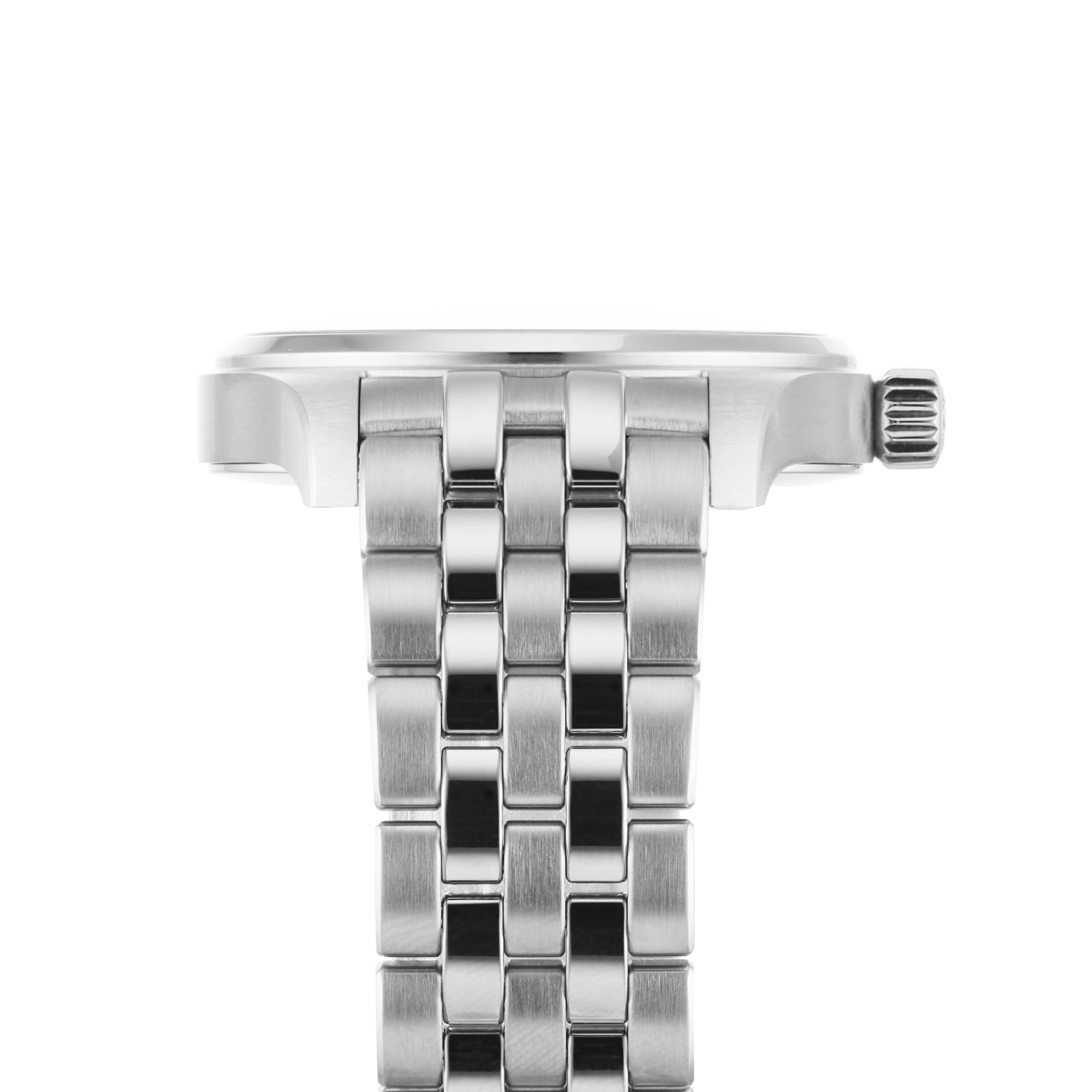 Close-up side view of the IWC Schaffhausen Pilots Watch Mark XX shows its stainless steel case and metal bracelet, emphasizing the precision of this iconic aviation timepiece against a white background.