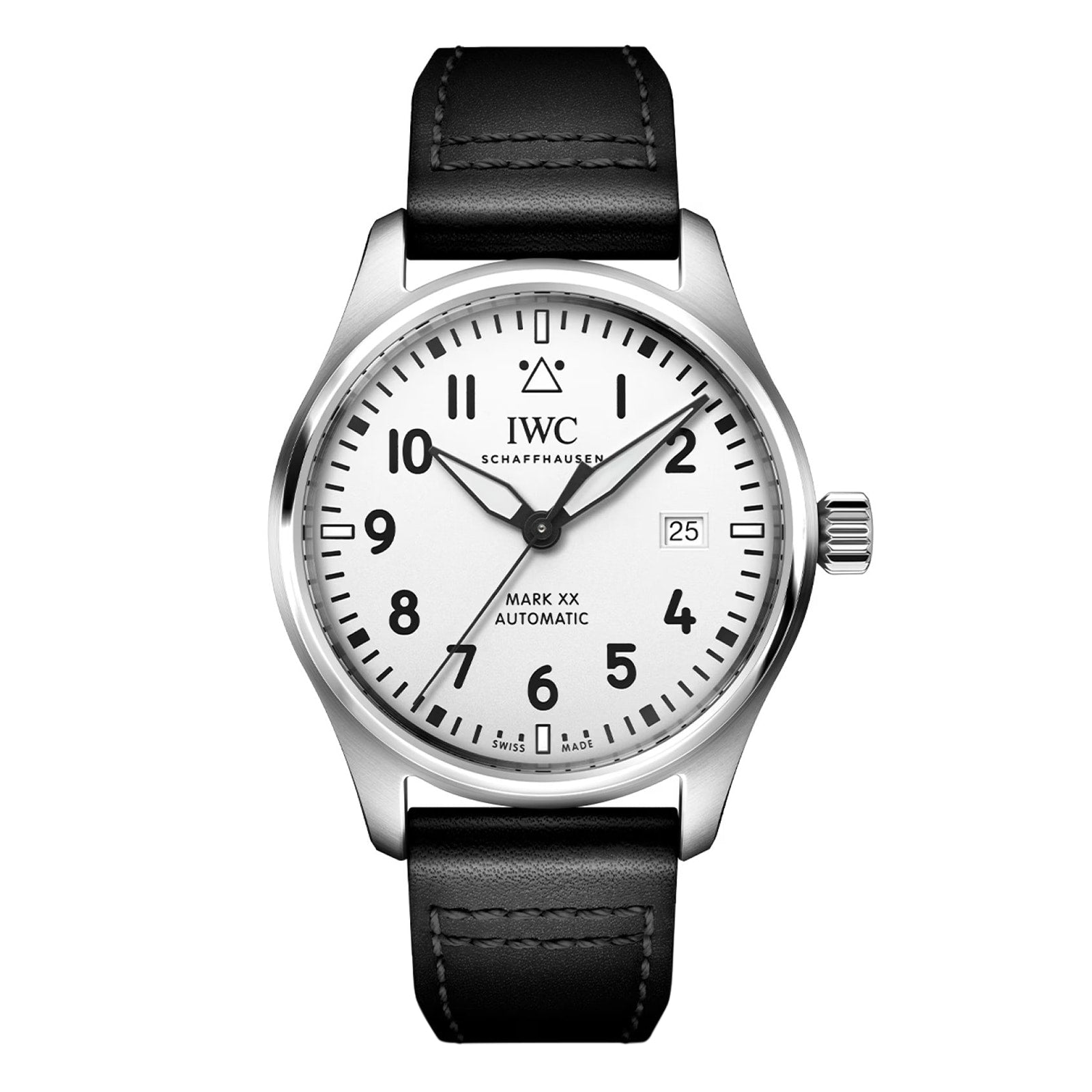 The IWC Schaffhausen Pilot’s Watch Mark XX features a silver case, white dial with black numerals, and a black leather strap.