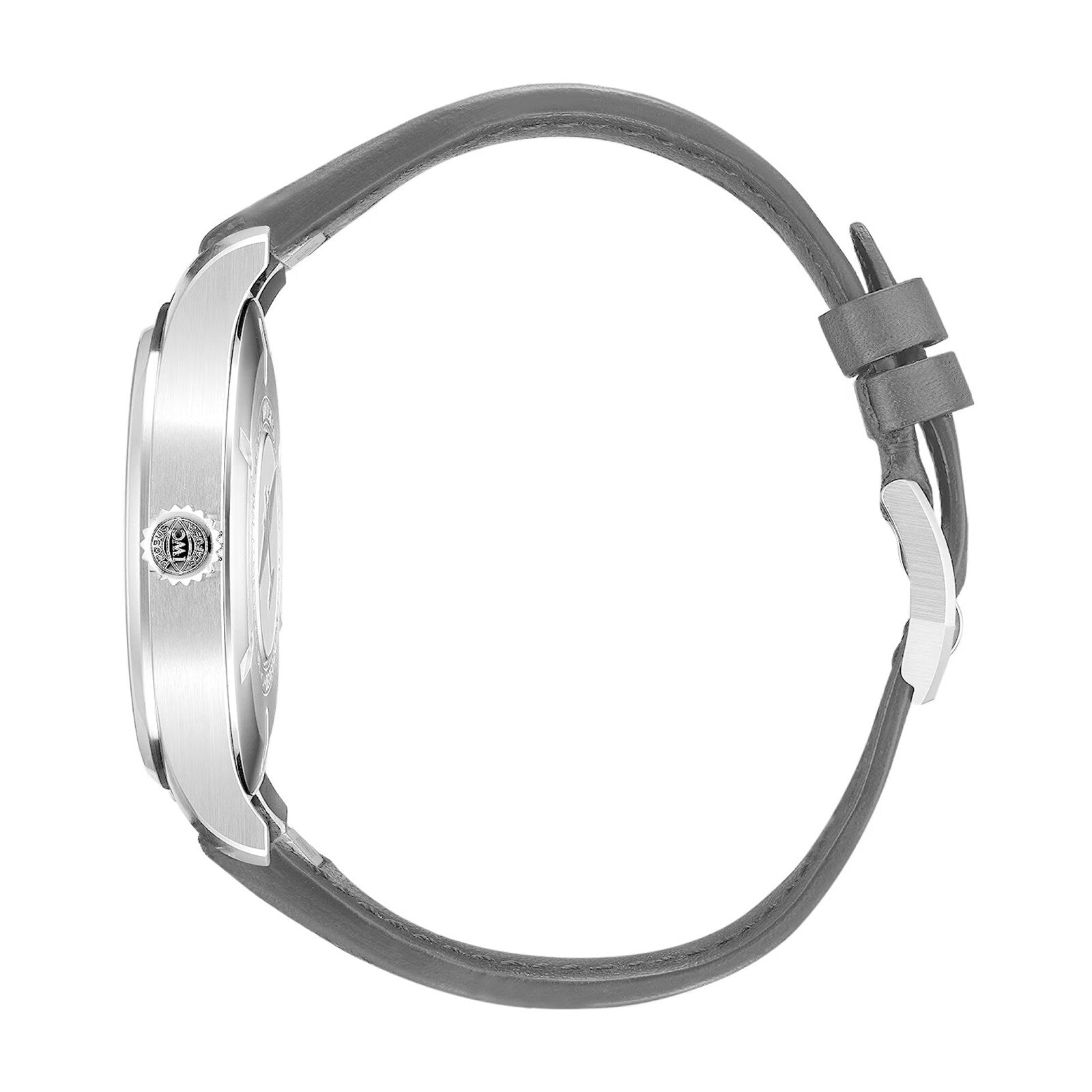 Side view of the IWC Schaffhausen Pilot’s Watch Mark XX, featuring a black leather strap and a silver round case.