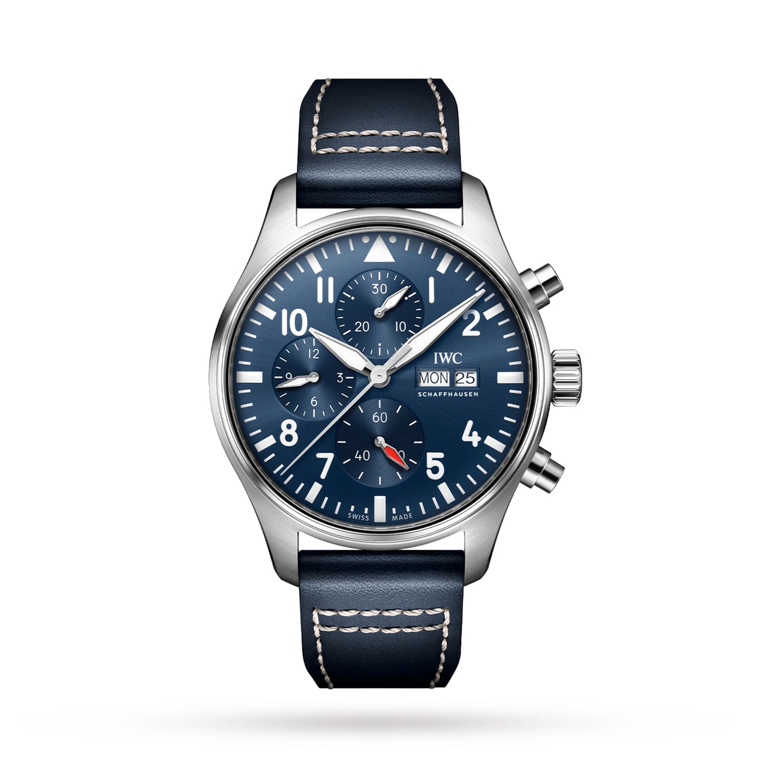 The IWC Schaffhausen Pilots Watch Chronograph features a stainless steel case, blue dial with white indices, chronograph subdials, day-date display, and a blue leather strap with white stitching.