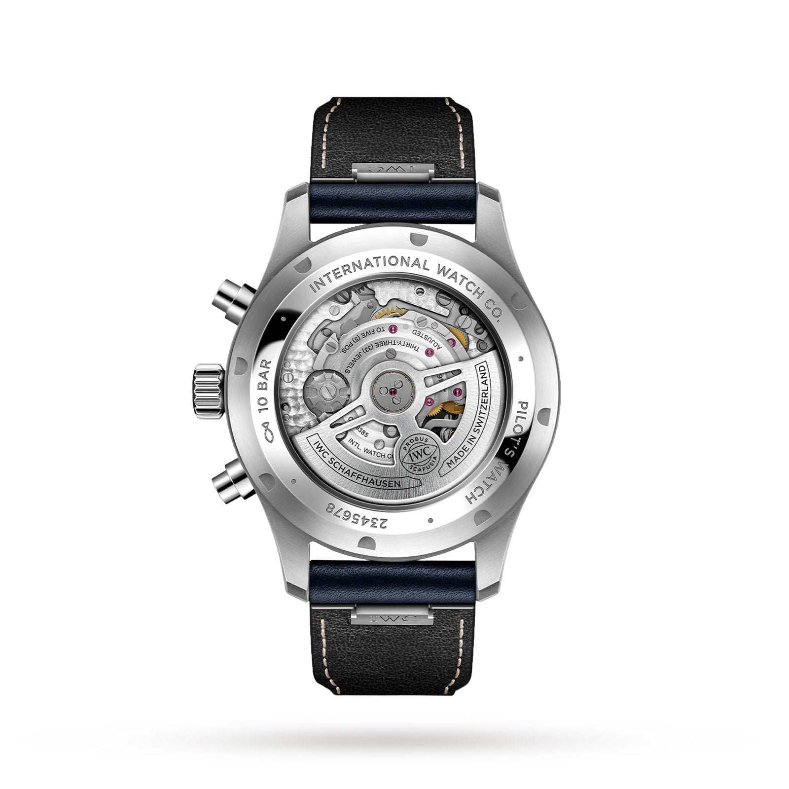 Rear view of the IWC Schaffhausen Pilots Watch Chronograph displaying its mechanical movement through a transparent caseback, paired with a black leather strap with quick release, and detailed engravings on the metal.