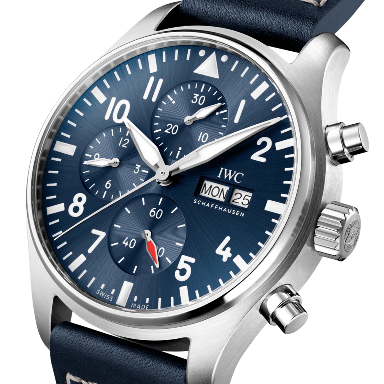 Close-up of the IWC Schaffhausen Pilots Watch Chronograph featuring a blue dial with three subdials, white indices, date and day display, and a stainless steel case on a leather strap.