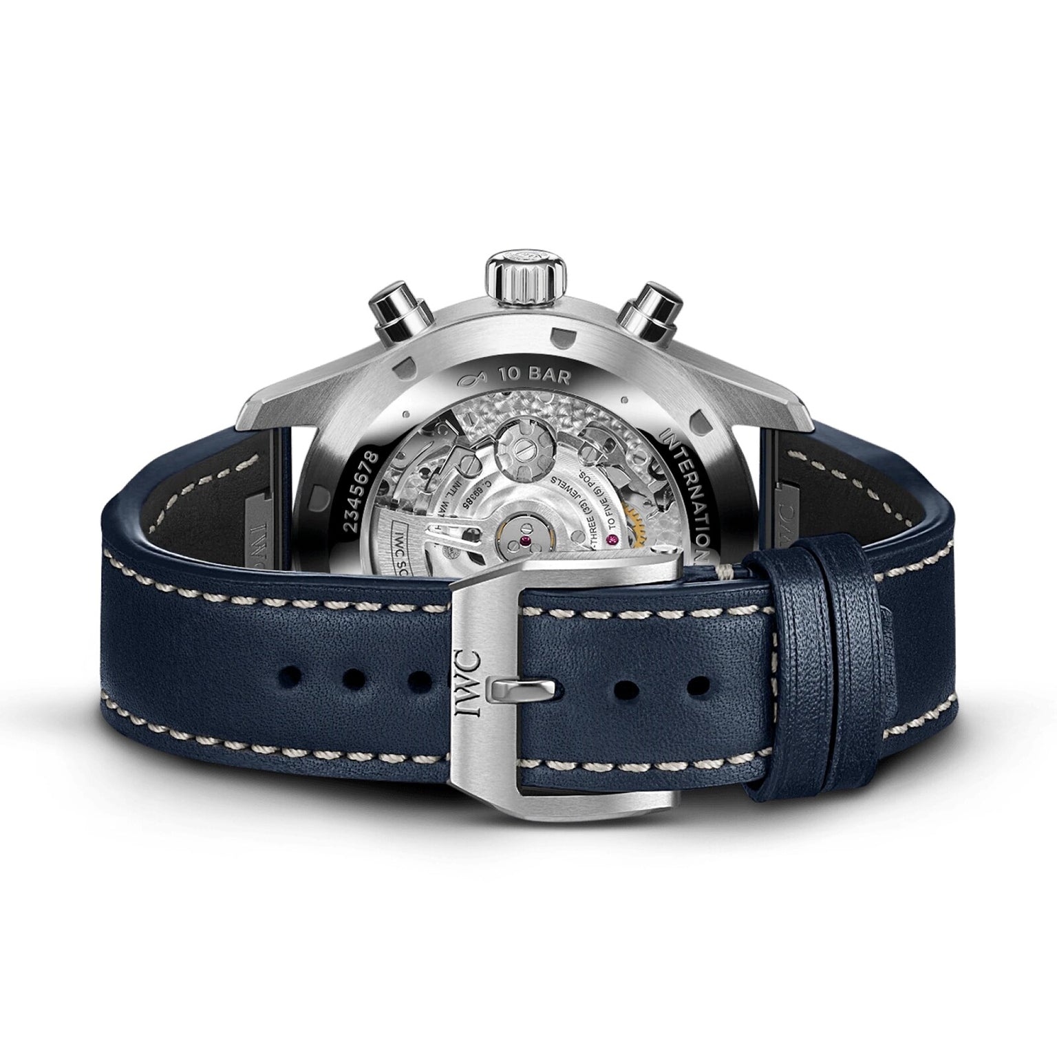 The rear view of the IWC Schaffhausen Pilots Watch Chronograph highlights its blue leather strap with quick release and showcases the intricate mechanical movement visible through the transparent case back.