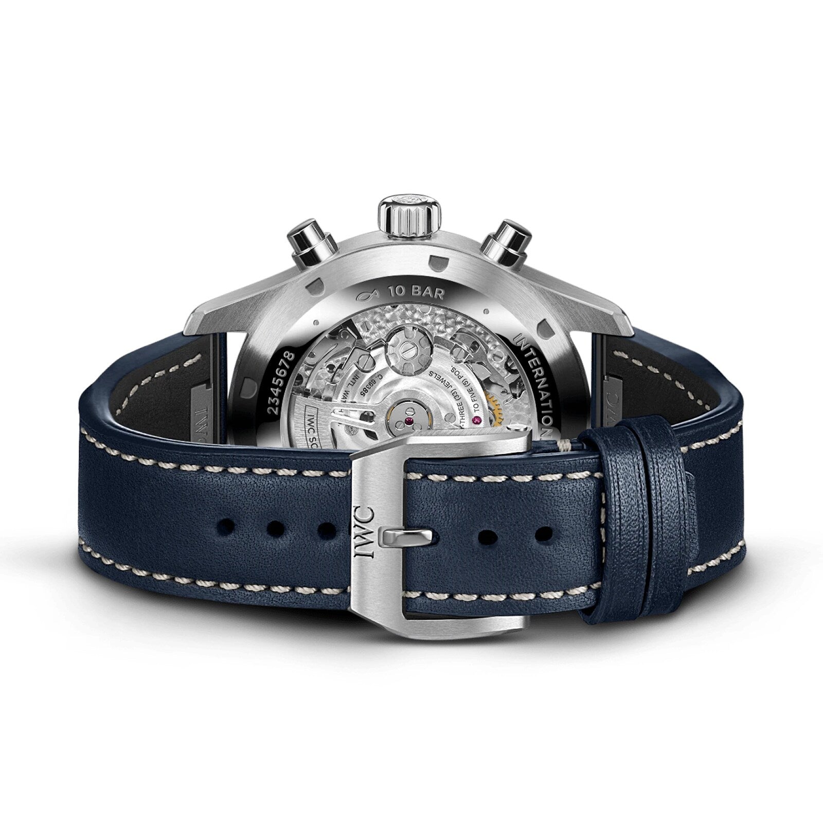 The rear view of the IWC Schaffhausen Pilots Watch Chronograph highlights its blue leather strap with quick release and showcases the intricate mechanical movement visible through the transparent case back.