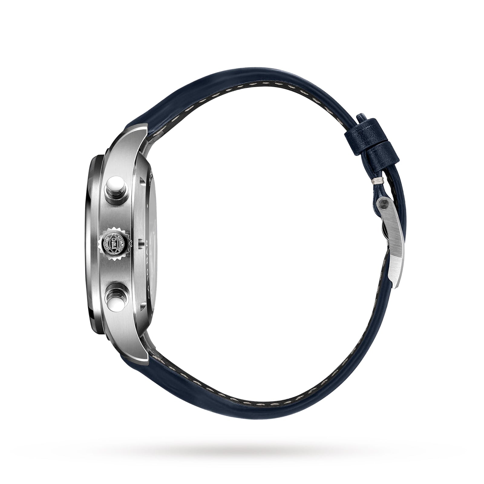 Side view of the IWC Schaffhausen Pilots Watch Chronograph in silver with a blue leather strap, quick release system, visible crown, and two pushers, displayed on a white background.