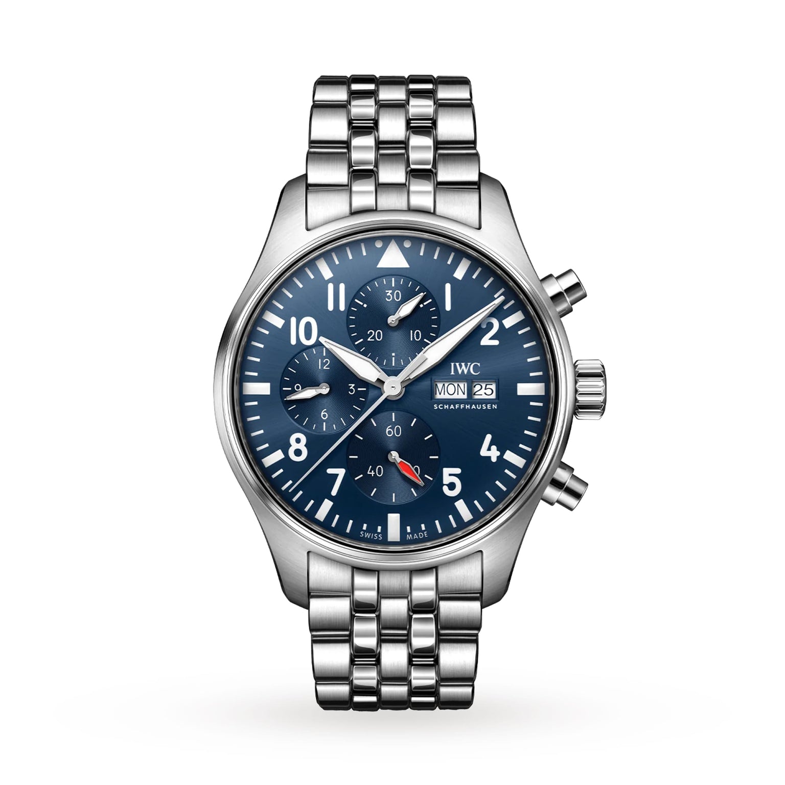 The IWC Schaffhausen Pilots Watch Chronograph features a silver stainless steel case, blue dial with chronograph subdials, day-date display, and metal link band, displayed on a white background.