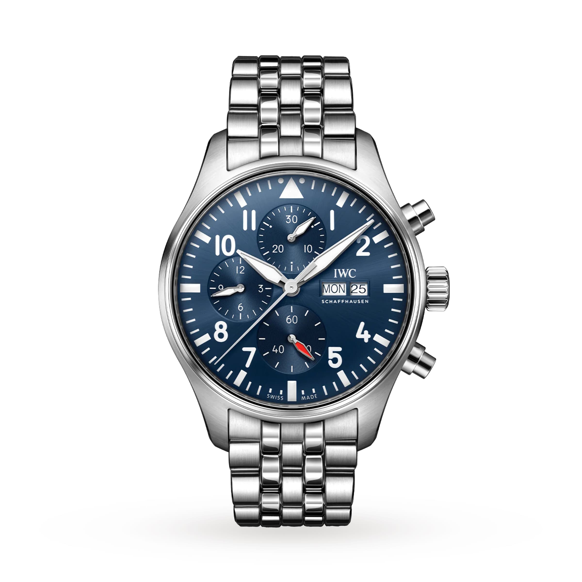 The IWC Schaffhausen Pilots Watch Chronograph features a silver stainless steel case, blue dial with chronograph subdials, day-date display, and metal link band, displayed on a white background.