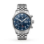 The IWC Schaffhausen Pilots Watch Chronograph features a silver stainless steel case, blue dial with chronograph subdials, day-date display, and metal link band, displayed on a white background.