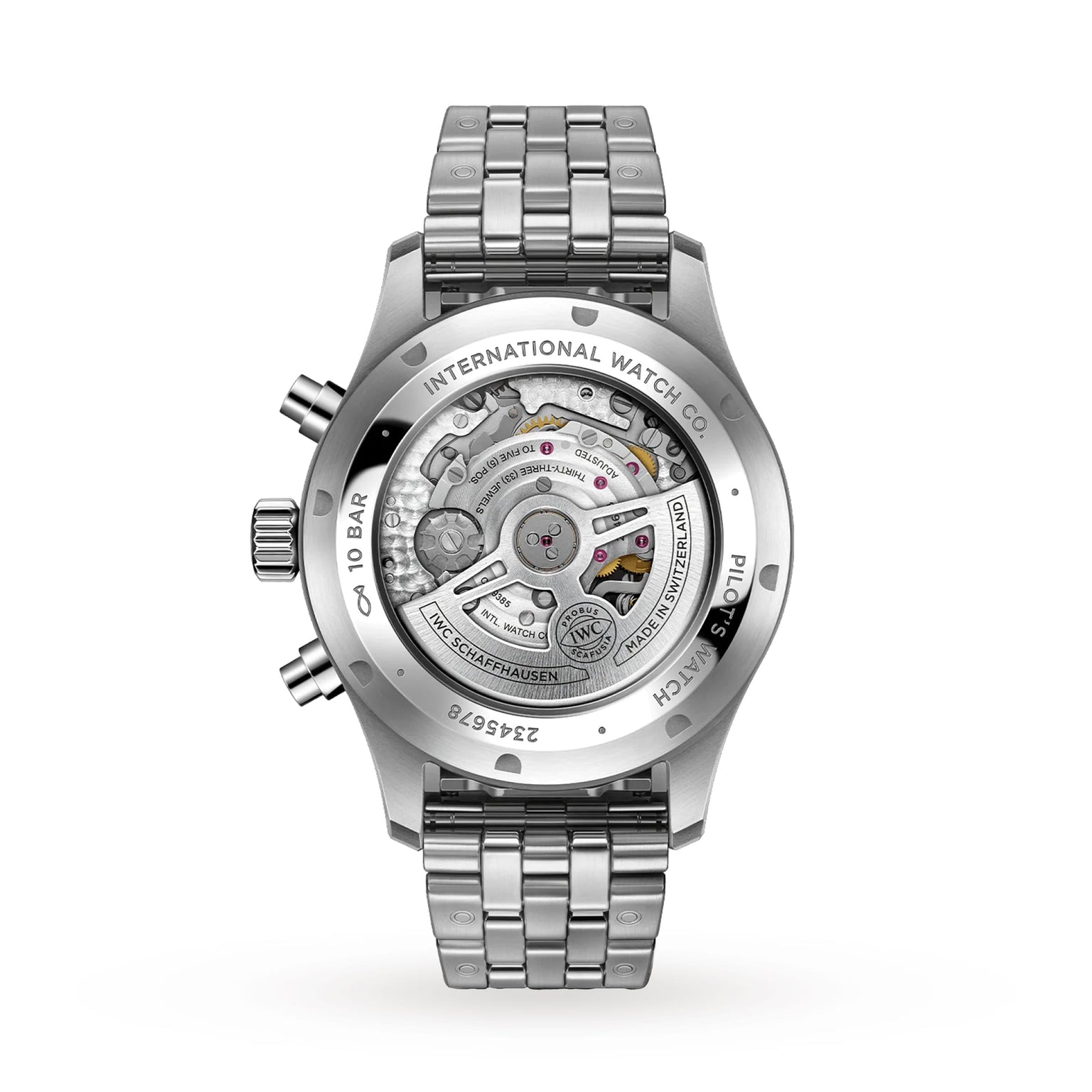 The back of the IWC Schaffhausen Pilots Watch Chronograph features a stainless steel case with a transparent back, displaying its mechanical movement and engraved text along the edge.